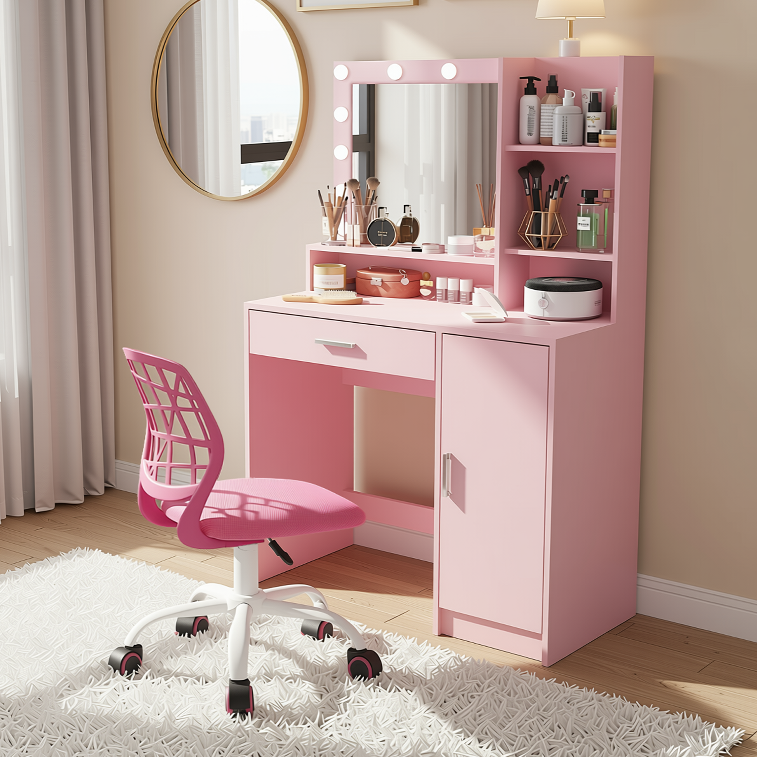 Homy Casa Lecce 2PC Vanity Set 35” Pink Makeup Vanity Desk with Hollywood Lighted Mirror, Storage Cabinet & Carnation Mesh Pink Swivel Chair