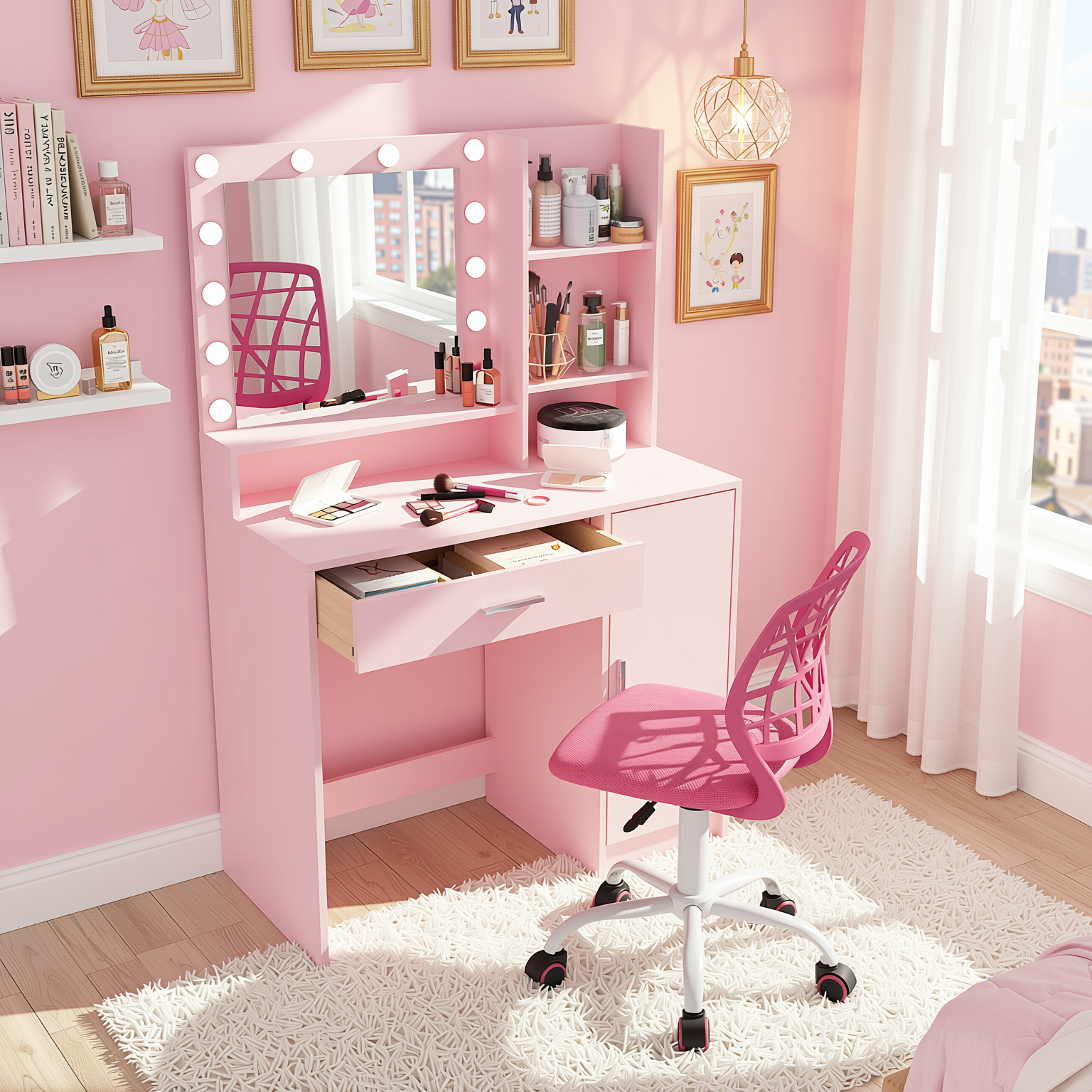 Homy Casa Lecce 2PC Vanity Set 35” Pink Makeup Vanity Desk with Hollywood Lighted Mirror, Storage Cabinet & Carnation Mesh Pink Swivel Chair