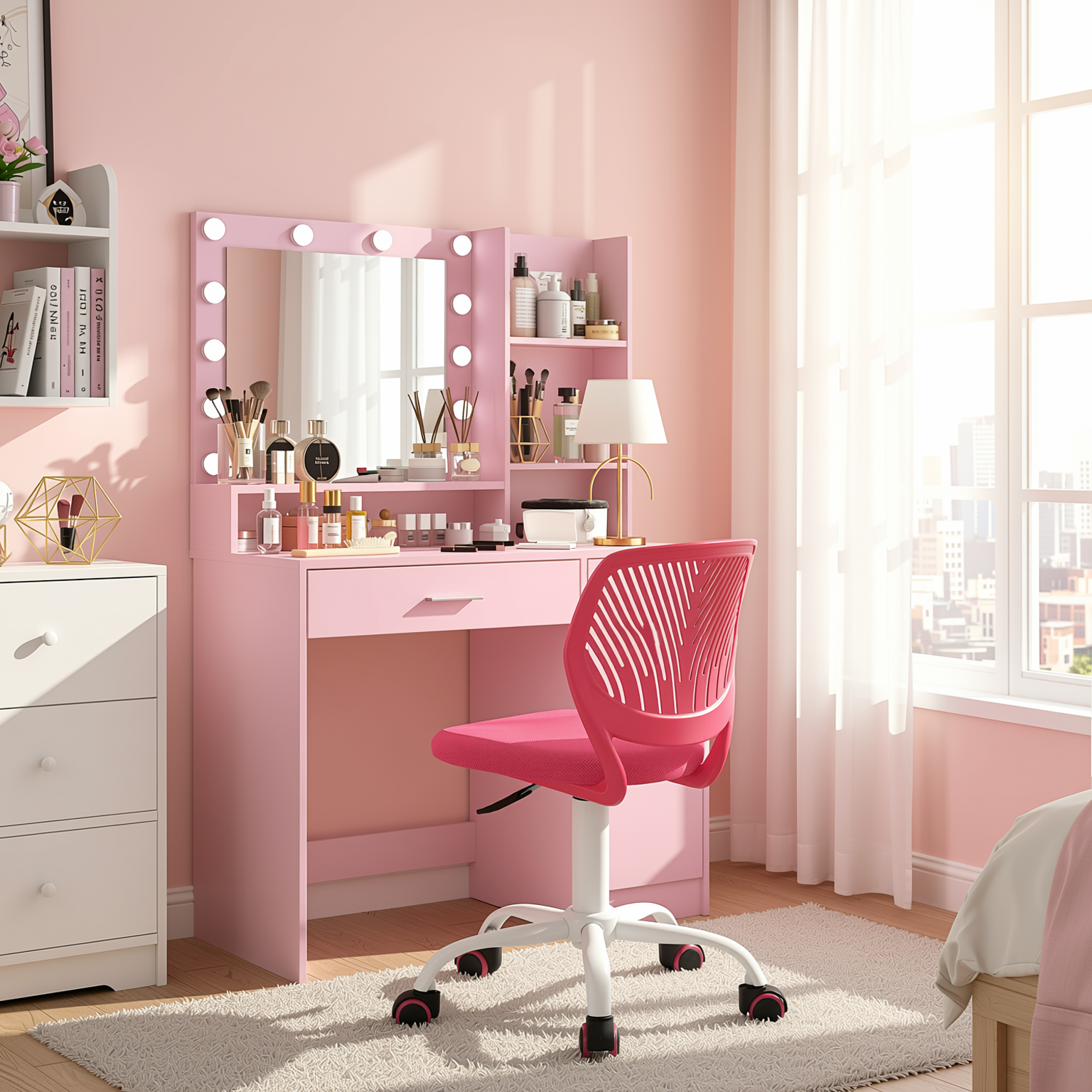 Lecce Pink Vanity Set Hollywood Lighted Mirror Desk with CARNATION Pink Swivel Chair