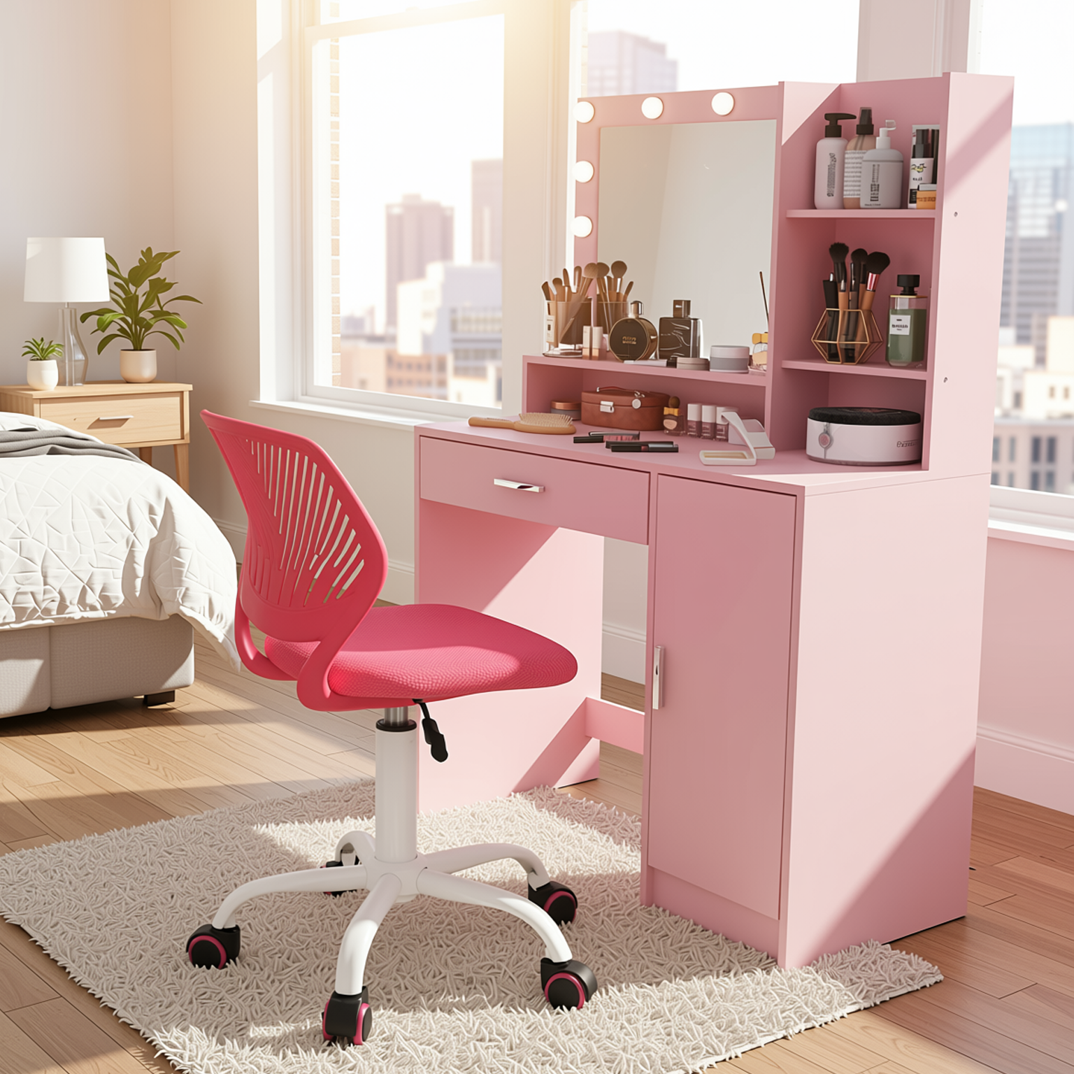 Lecce Pink Vanity Set Hollywood Lighted Mirror Desk with CARNATION Pink Swivel Chair