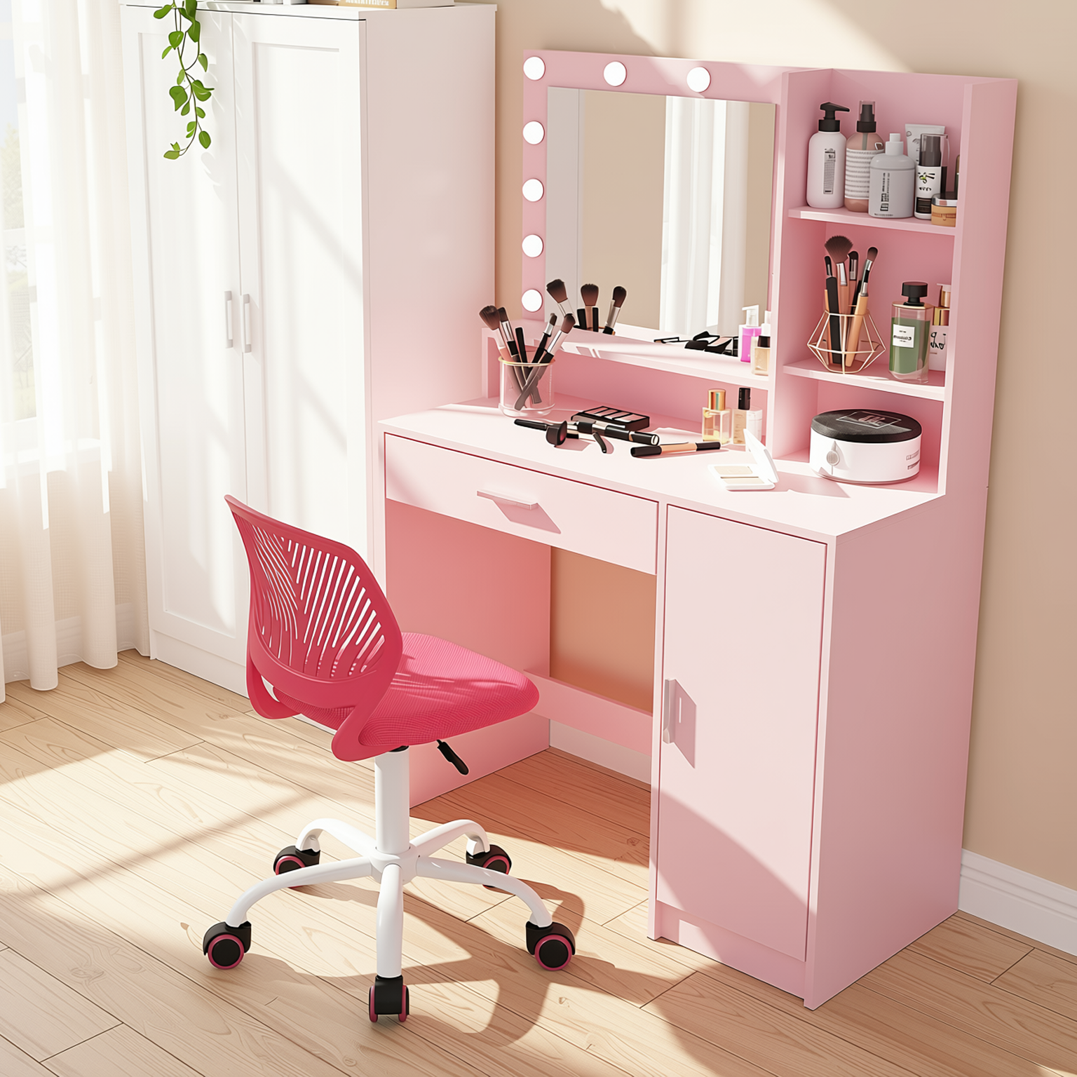 Lecce Pink Vanity Set Hollywood Lighted Mirror Desk with CARNATION Swivel Chair