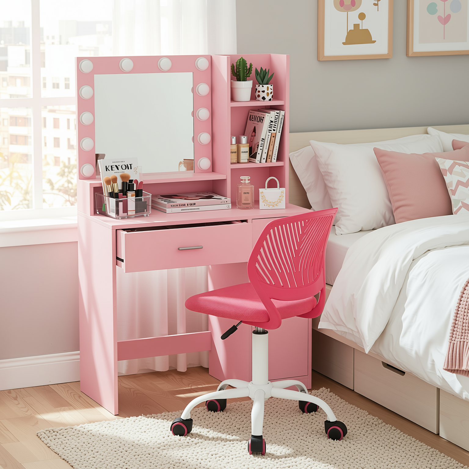 Lecce Pink Vanity Set Hollywood Lighted Mirror Desk with CARNATION Swivel Chair