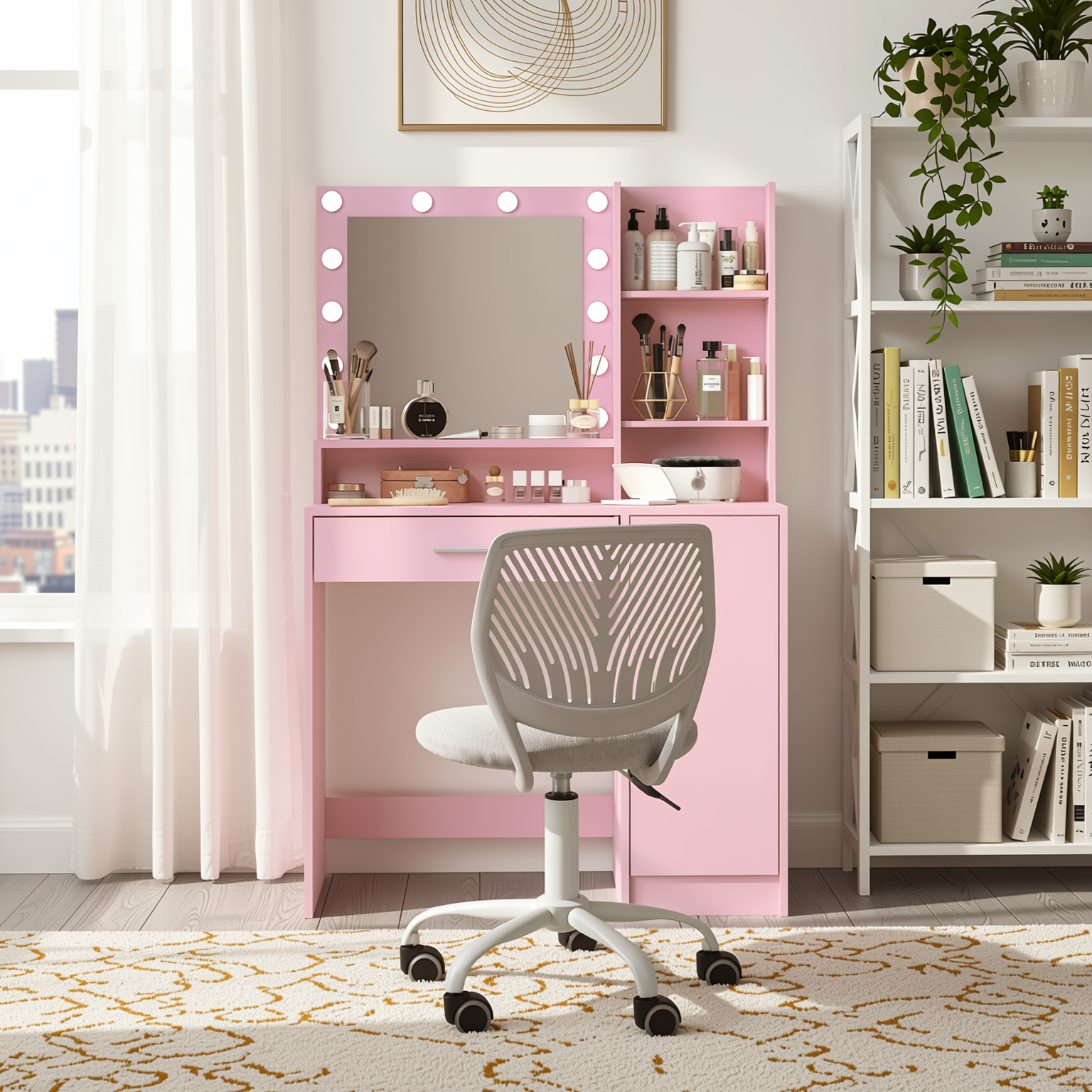 Lecce Pink Vanity Set Hollywood Lighted Mirror Desk with CARNATION Morandi Fabric Swivel Chair