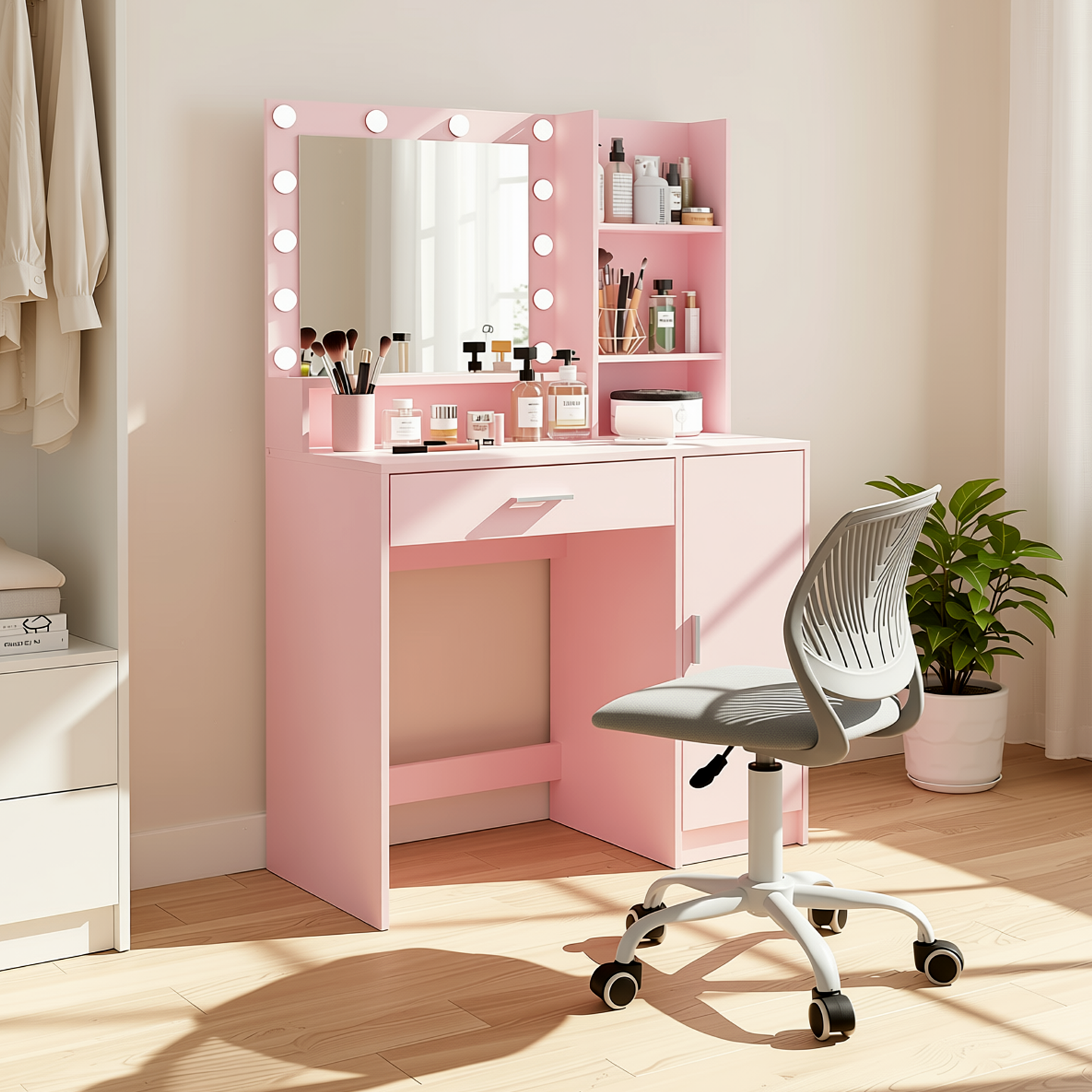 Lecce Pink Vanity Set Hollywood Lighted Mirror Desk with CARNATION Morandi Fabric Swivel Chair