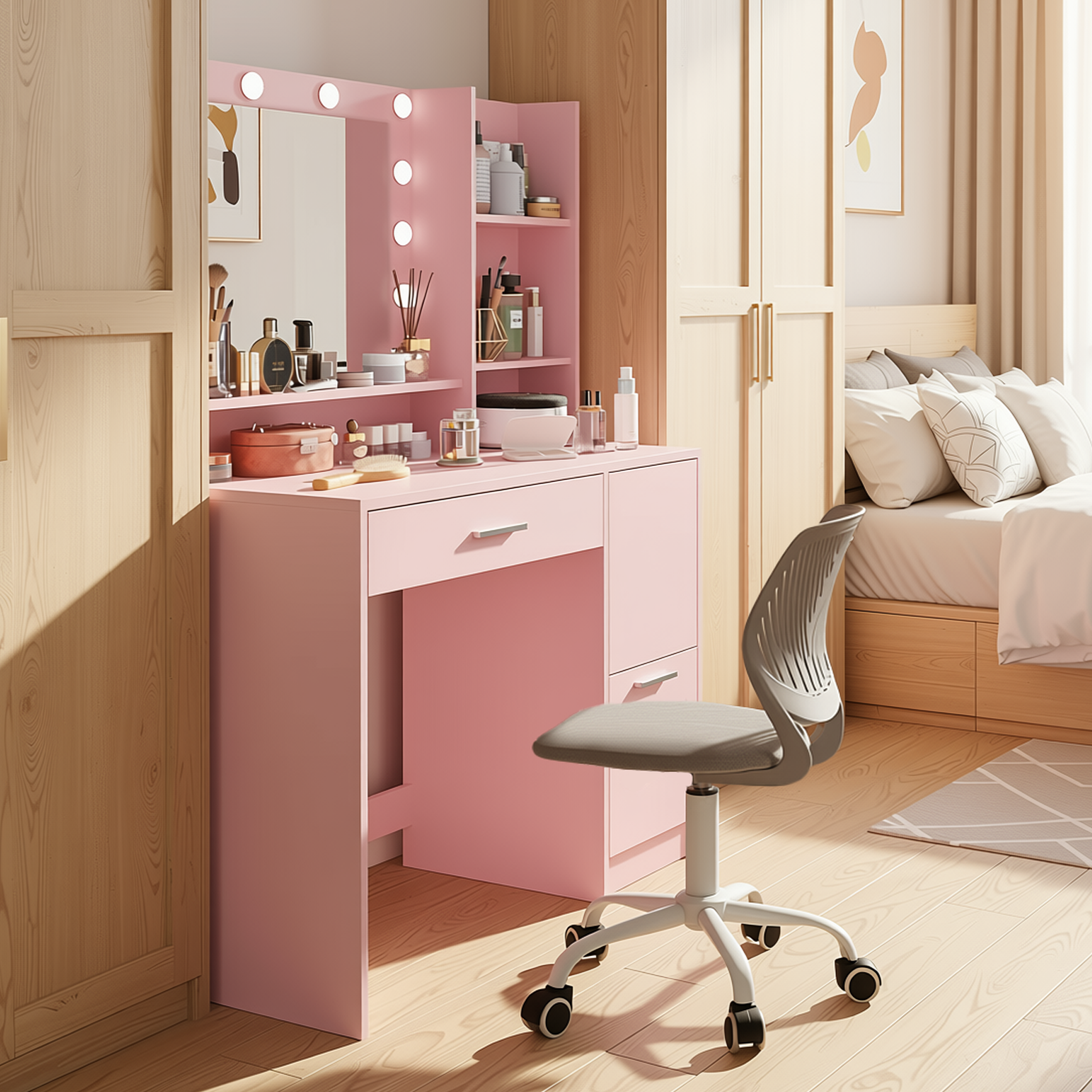 Lecce Pink Vanity Set Hollywood Lighted Mirror Desk with CARNATION Morandi Fabric Swivel Chair