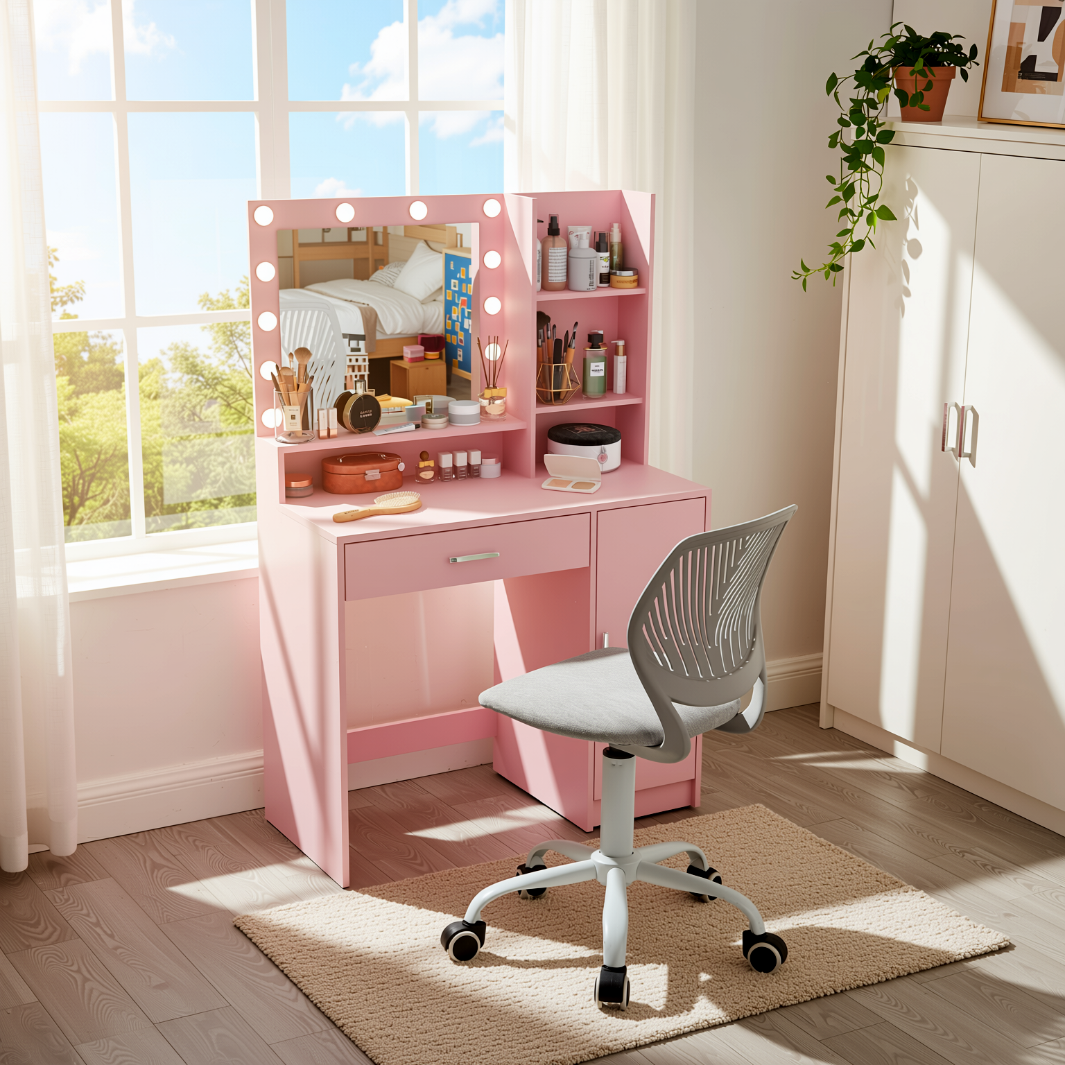 Lecce Pink Vanity Set Hollywood Lighted Mirror Desk with CARNATION Morandi Fabric Swivel Chair