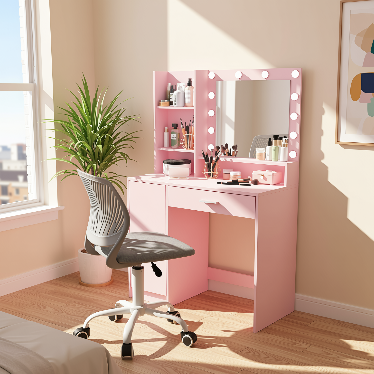 Lecce Pink Vanity Set Hollywood Lighted Mirror Desk with CARNATION Morandi Fabric Swivel Chair