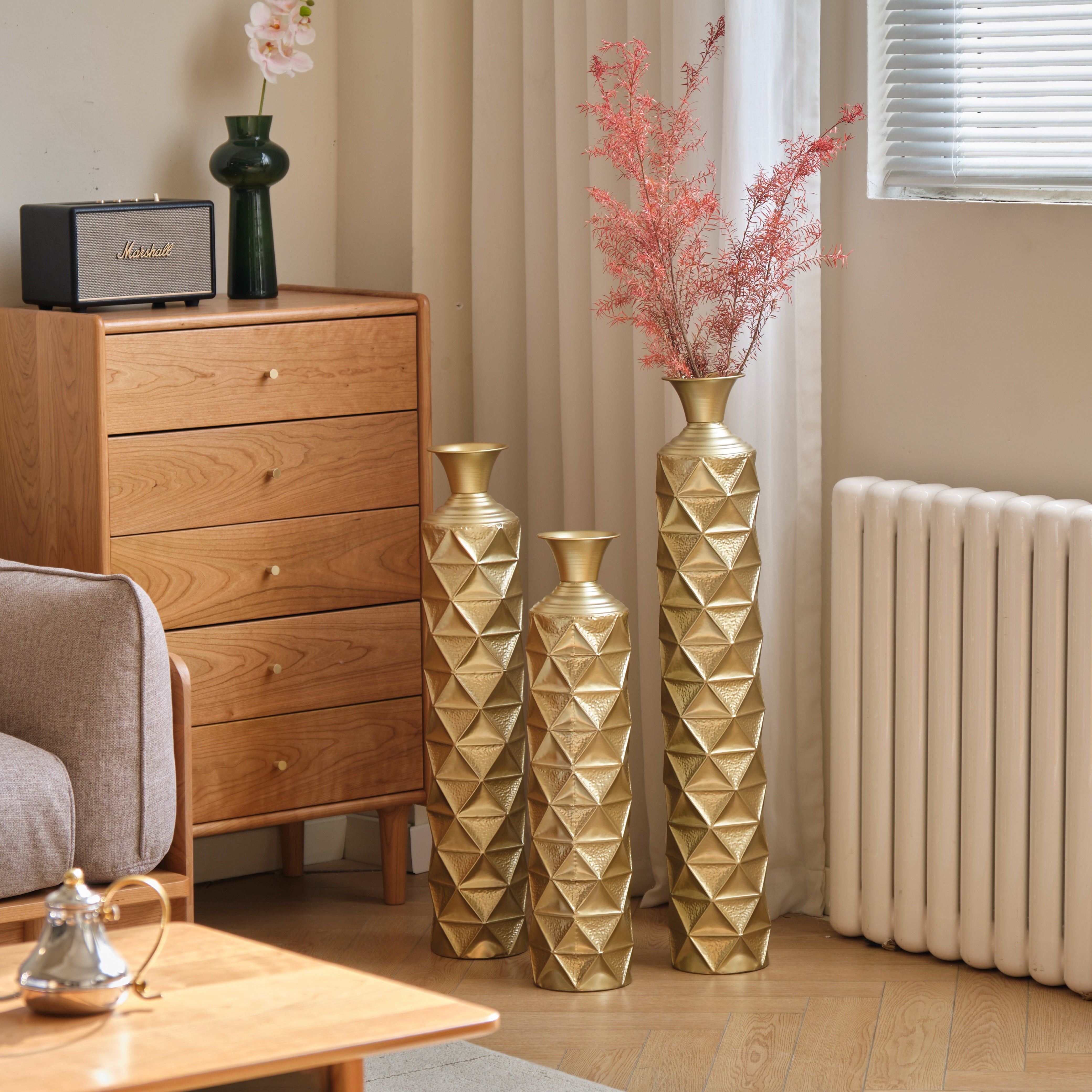 Orion Decorative Metal Vase Set of 3 with 3D Triangle Pattern