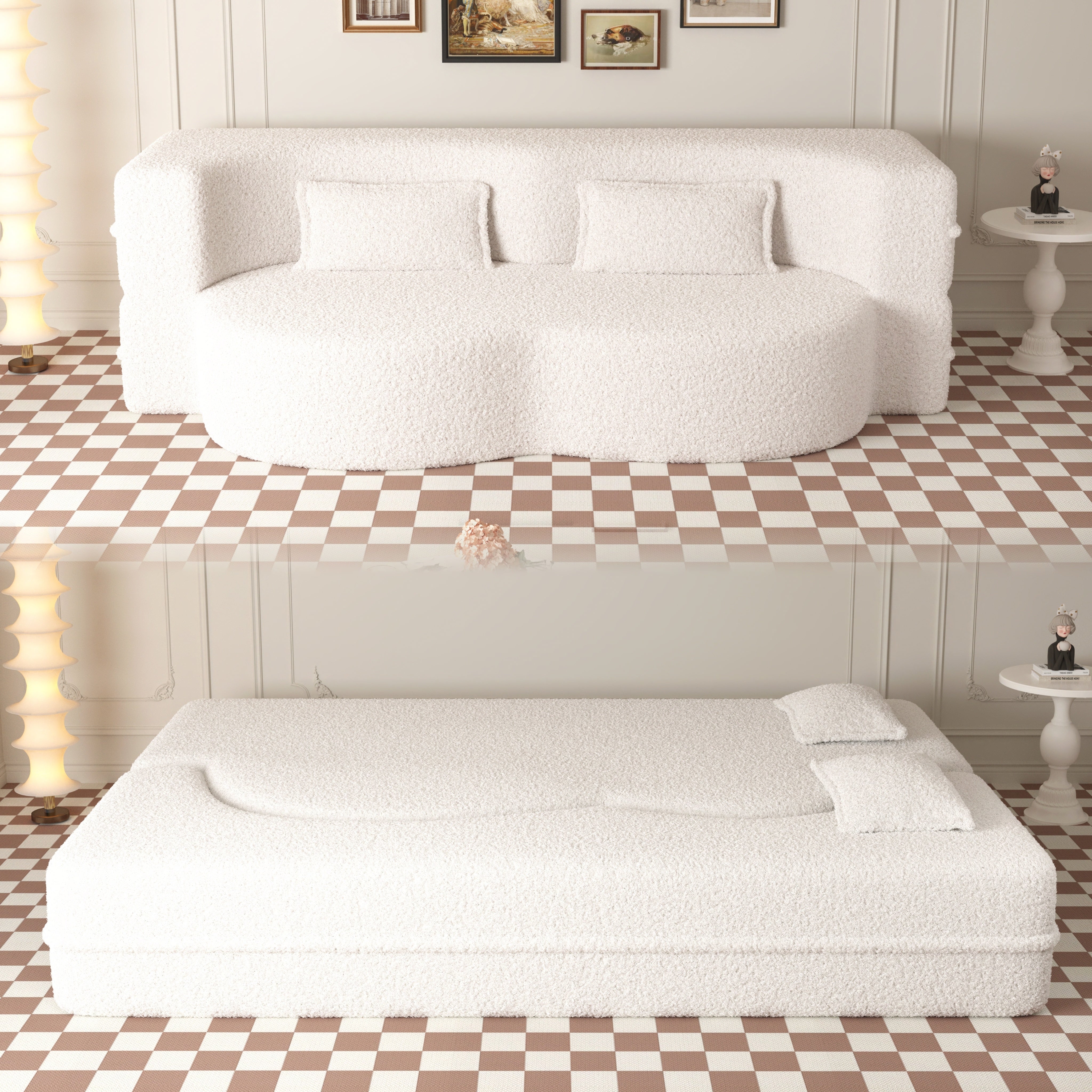 Greeley 78" Convertible Sleeper Sofa Bed, Teddy Fabric Floor Couch with 2 Pillows