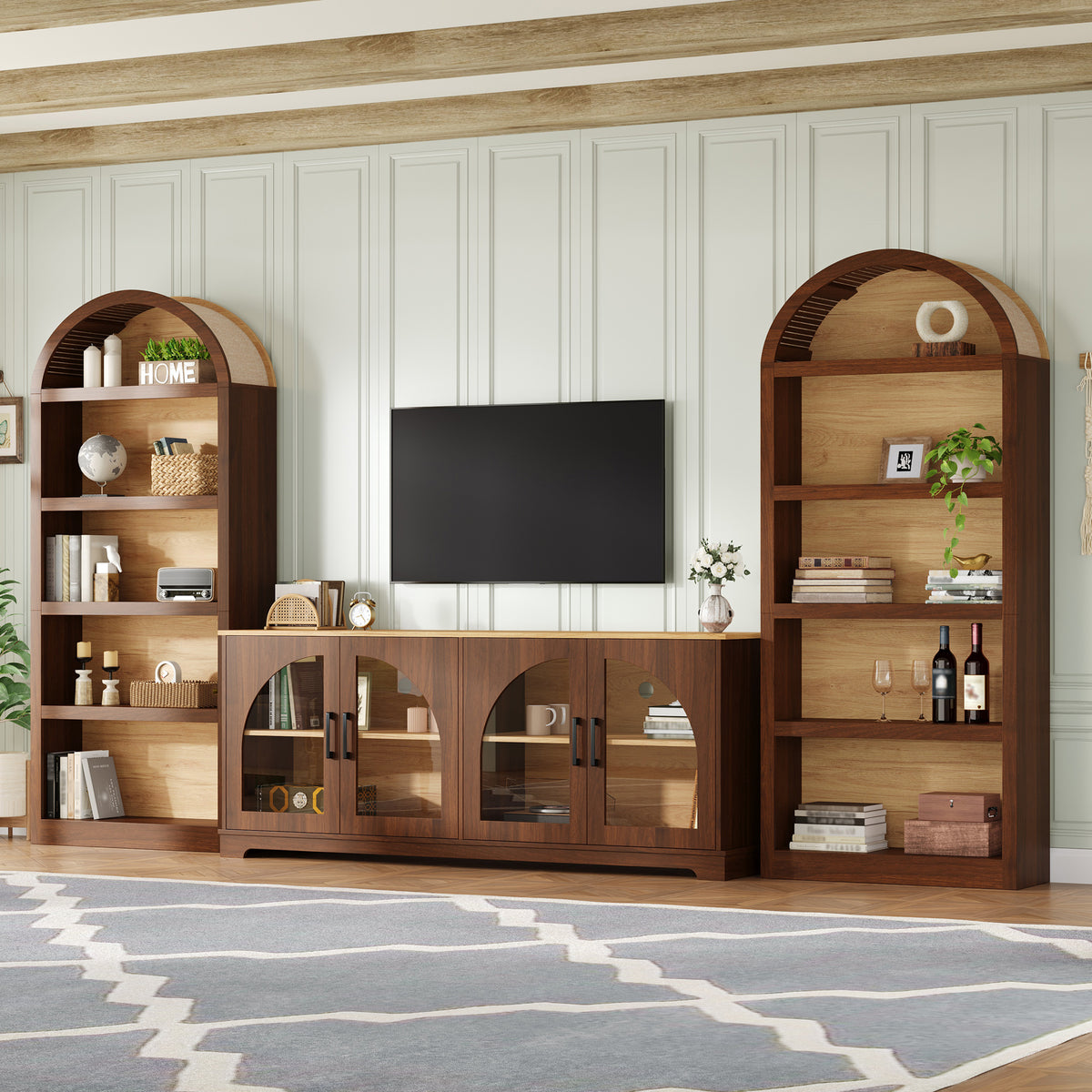 Spoleto 127" 3-Piece TV Stand Set with 2 Arched Bookcases