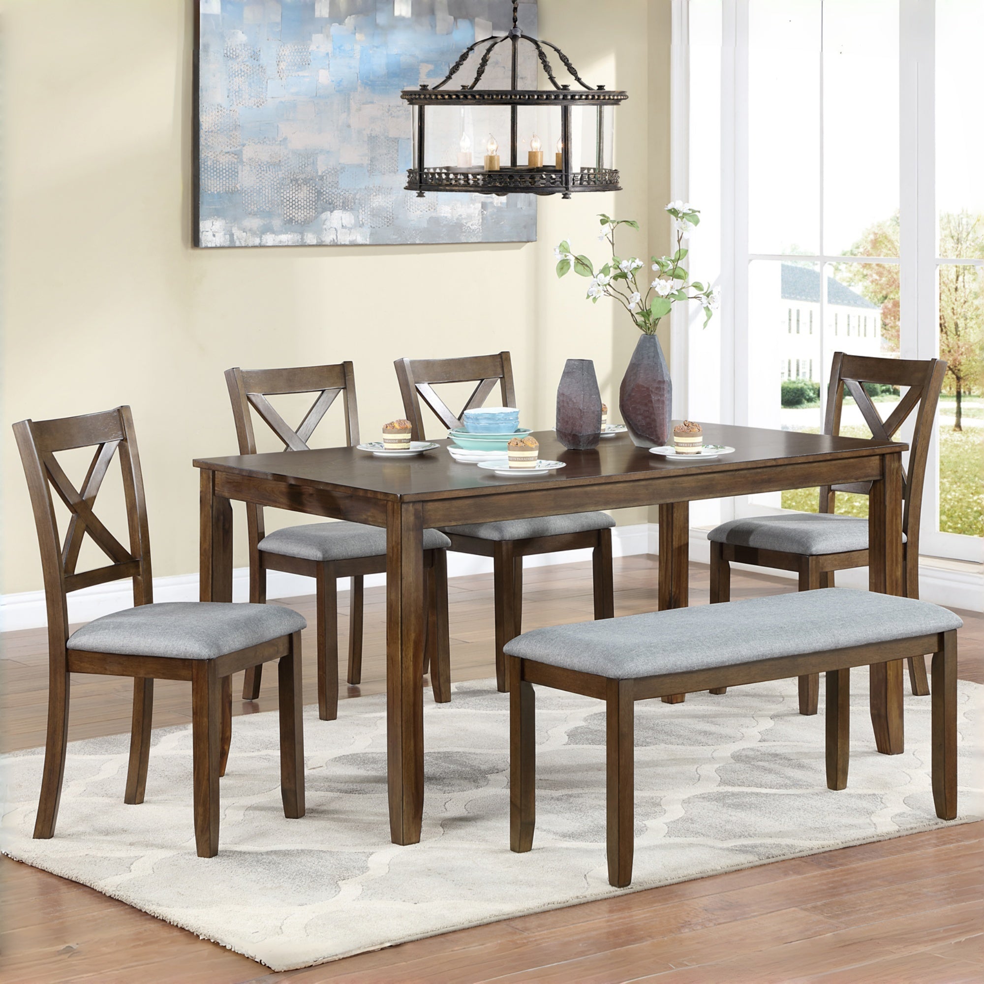 Baikal 6 Pieces 58.5" Rectangular Dining Table Set with 4 Upholstered Chairs and Bench, Walnut