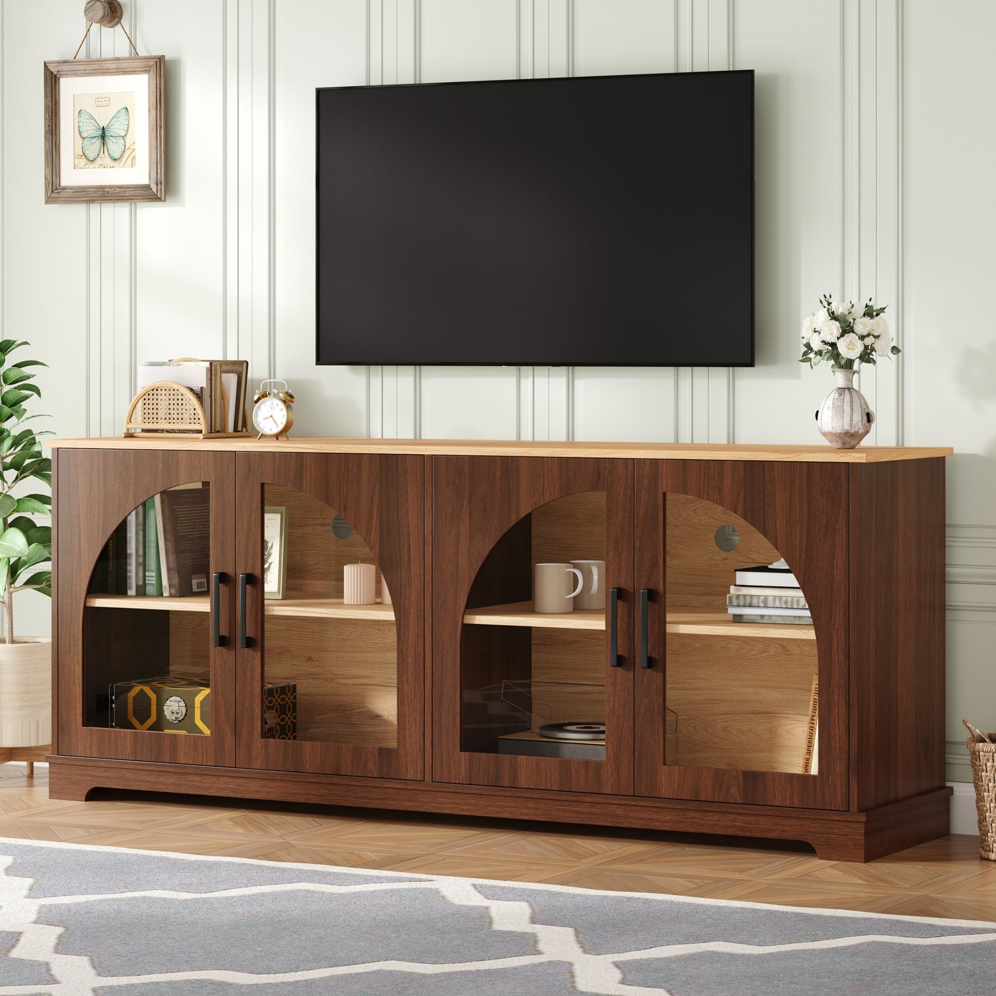 Spoleto 67" Arched Glass Door TV Stand Media Console with 4 Doors