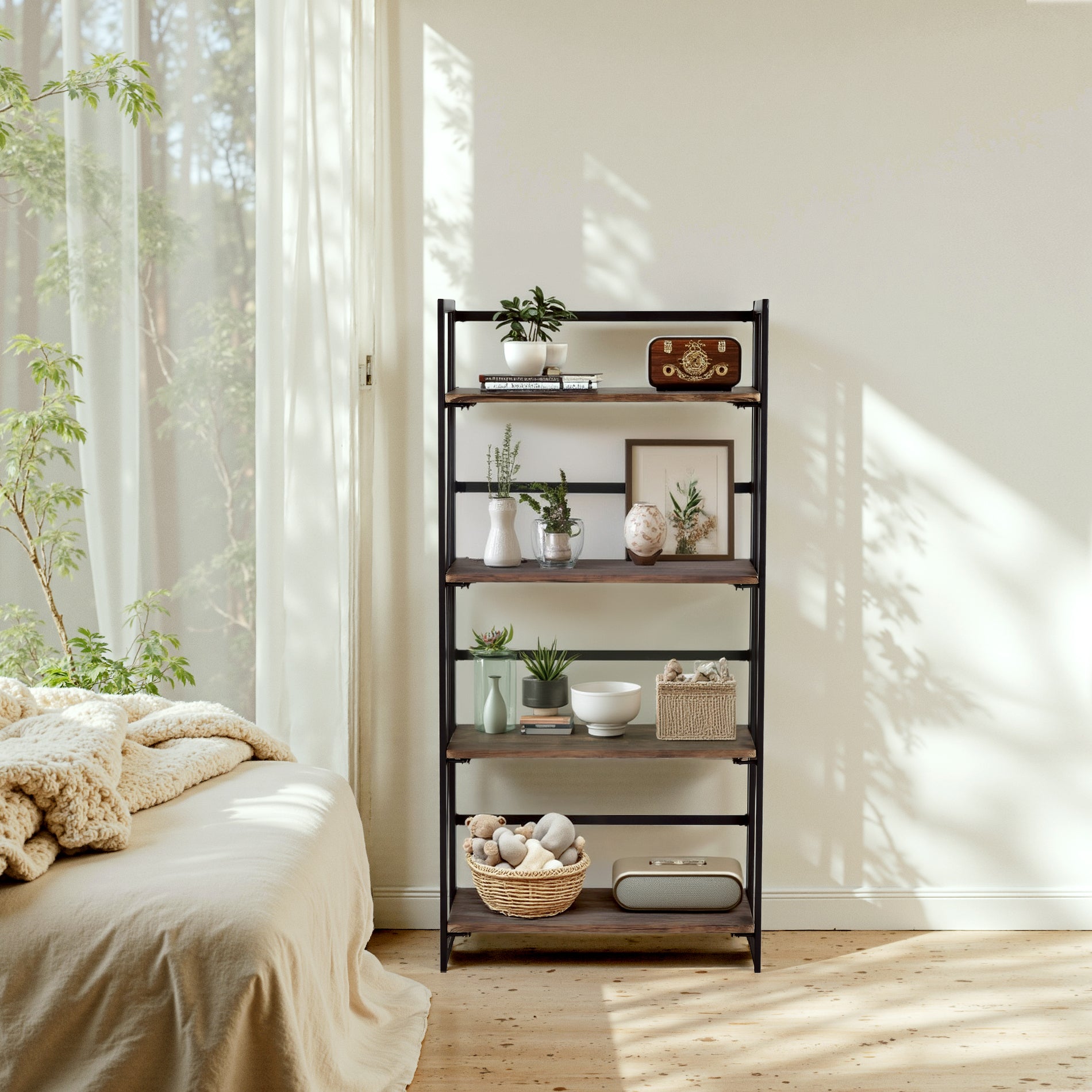 Homy Casa Backer 49” Folding Shelf with Multiple Tiers Teak Finish