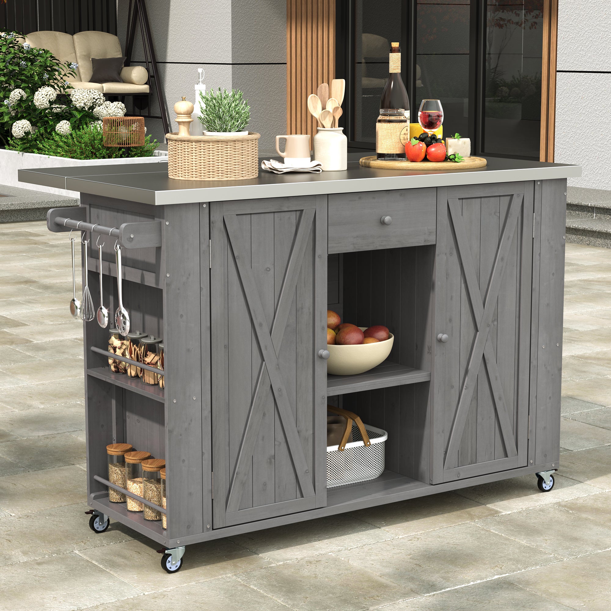 Quebec 52" Outdoor Fir Wood Kitchen Island with Stainless Steel Top, Black