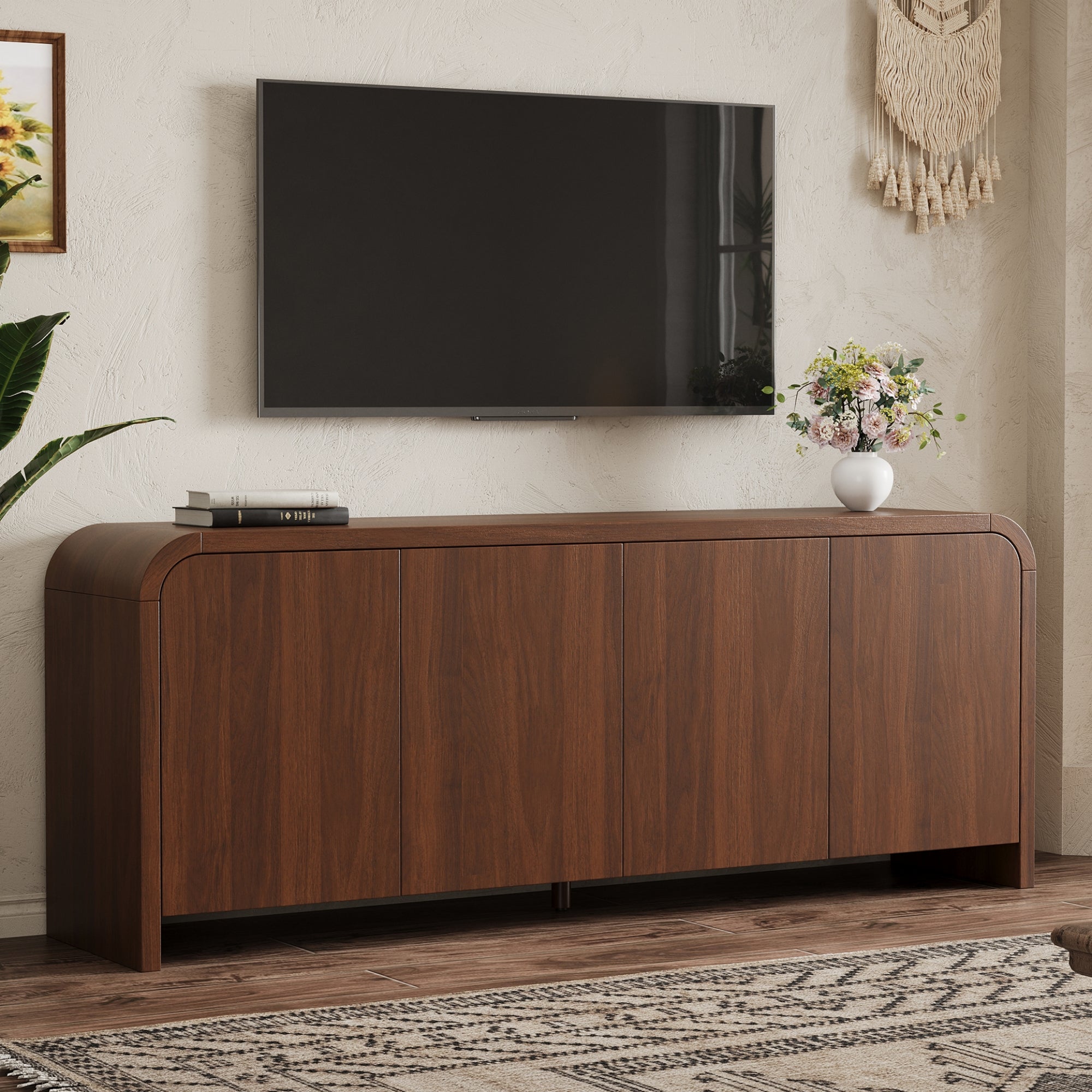 Rieti 66" Curved 4-Door Credenza Media Console with Adjustable Shelves