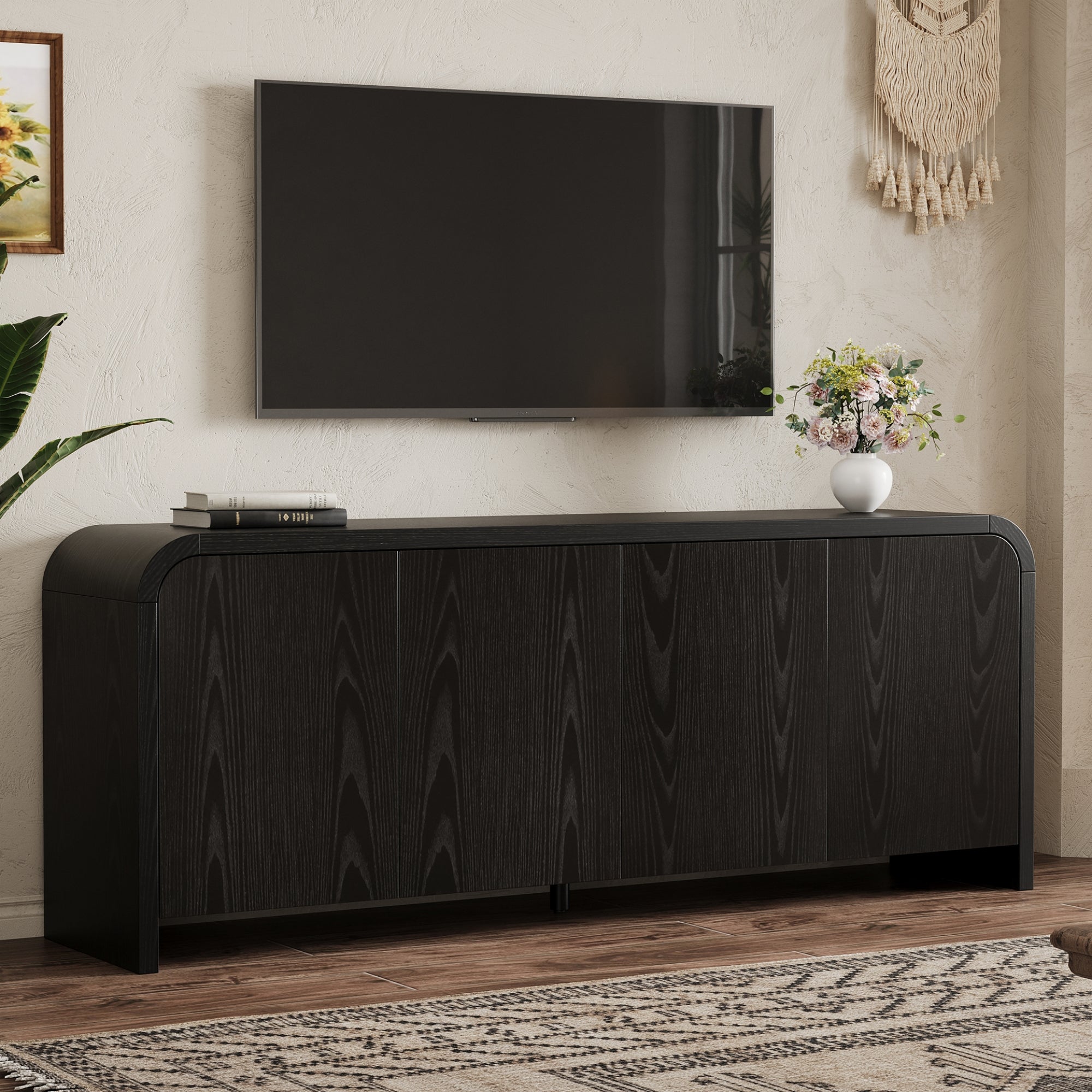 Rieti 66" Curved 4-Door Credenza Media Console with Adjustable Shelves