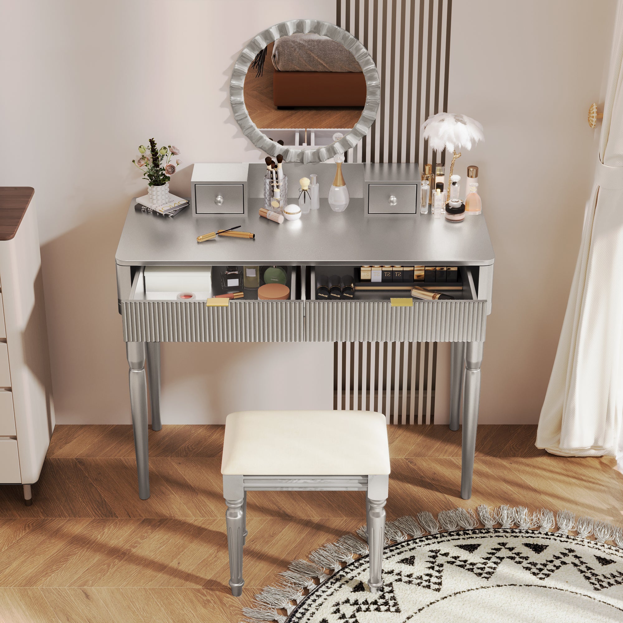 Vika 39" Fluted Vanity Desk Set with Round Mirror and Drawers