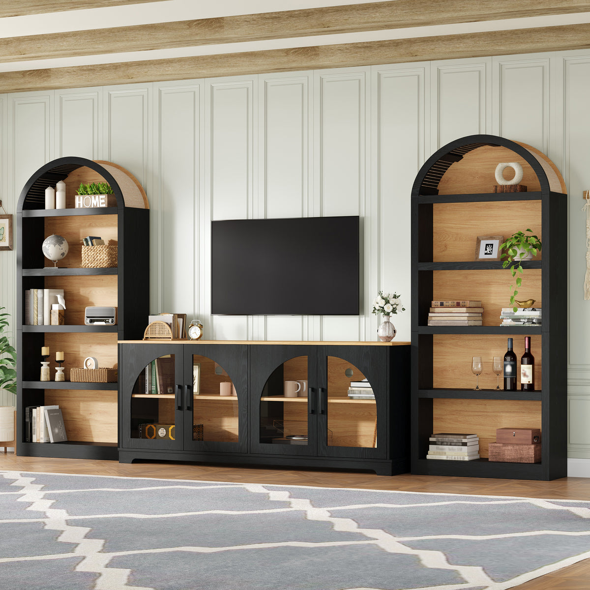 Spoleto 127" 3-Piece TV Stand Set with 2 Arched Bookcases