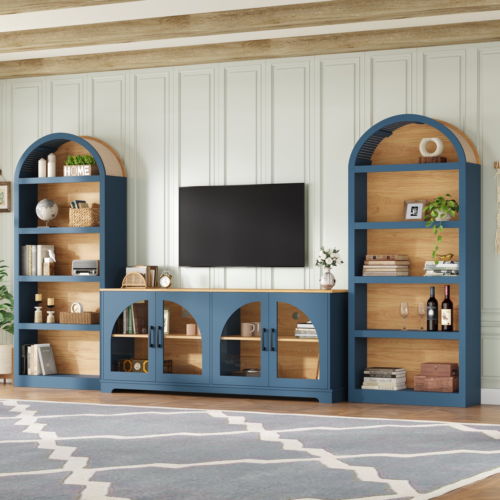 Spoleto 127" 3-Piece TV Stand Set with 2 Arched Bookcases