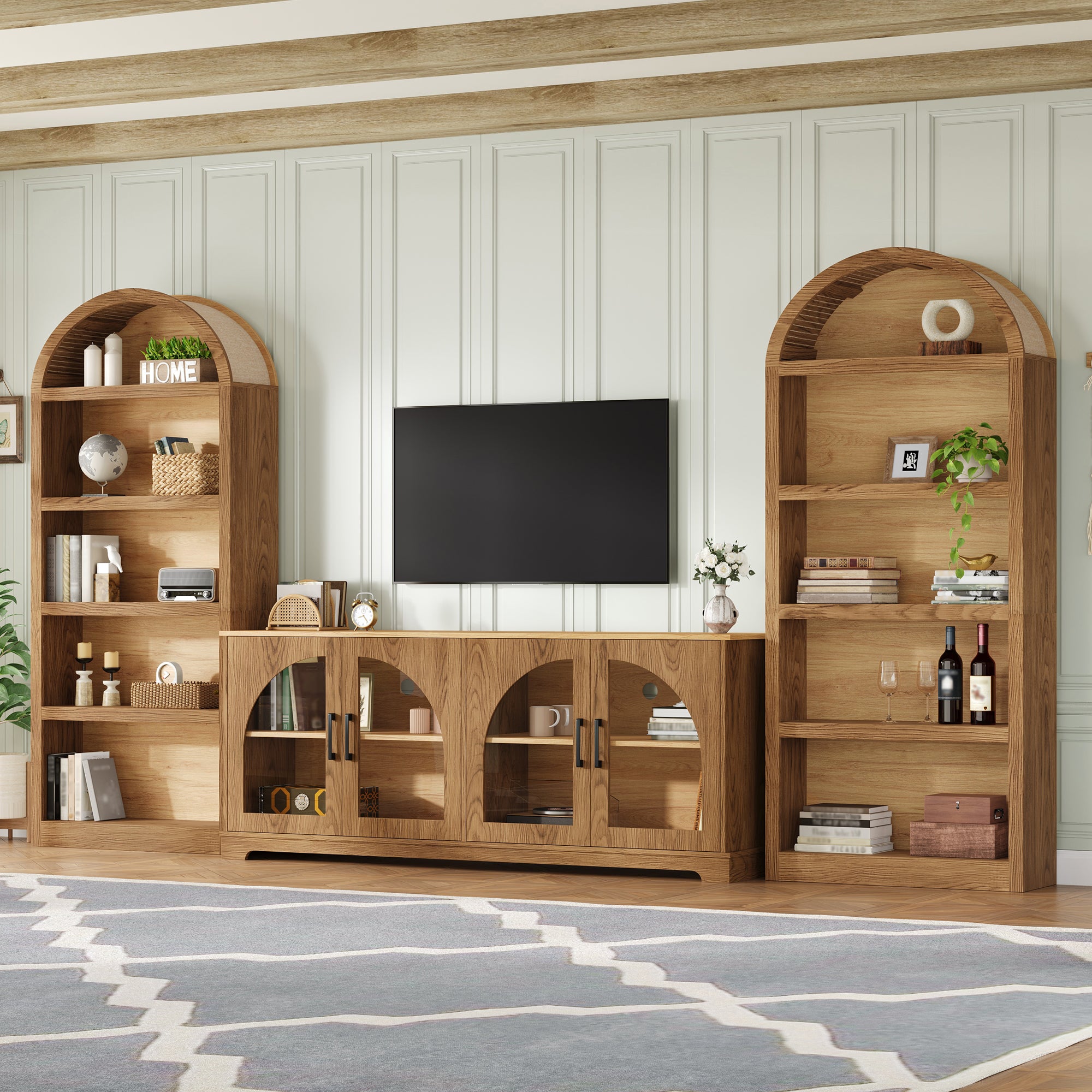 Spoleto 127" 3-Piece TV Stand Set with 2 Arched Bookcases