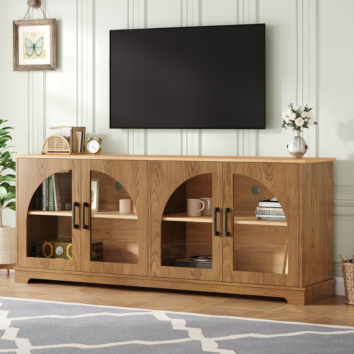 Spoleto 67" Arched Glass Door TV Stand Media Console with 4 Doors