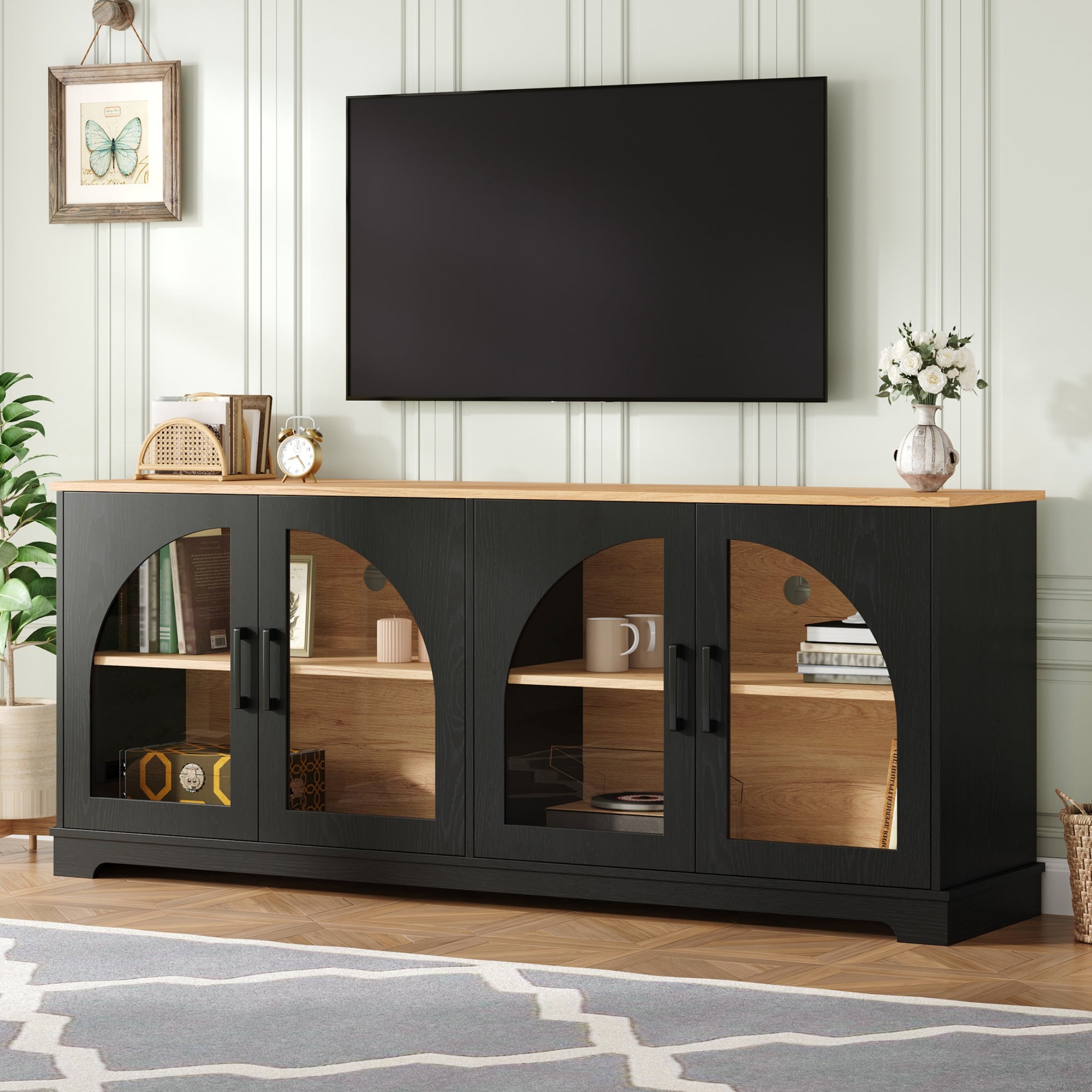 Spoleto 67" Arched Glass Door TV Stand Media Console with 4 Doors