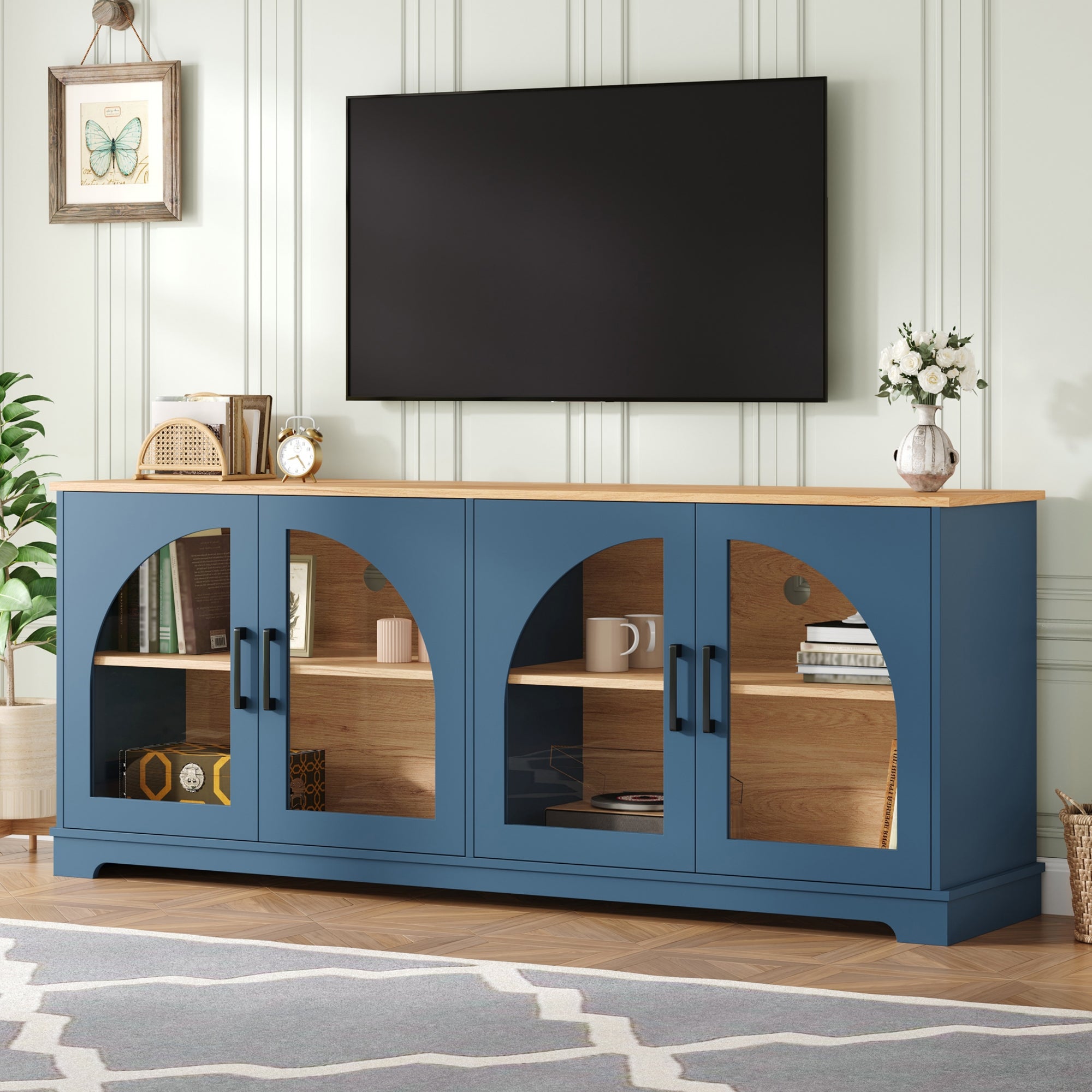Spoleto 67" Arched Glass Door TV Stand Media Console with 4 Doors