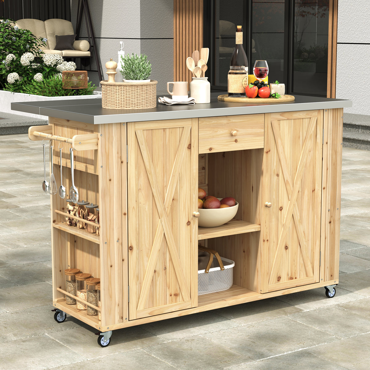 Quebec 52" Outdoor Fir Wood Kitchen Island with Stainless Steel Top, Black