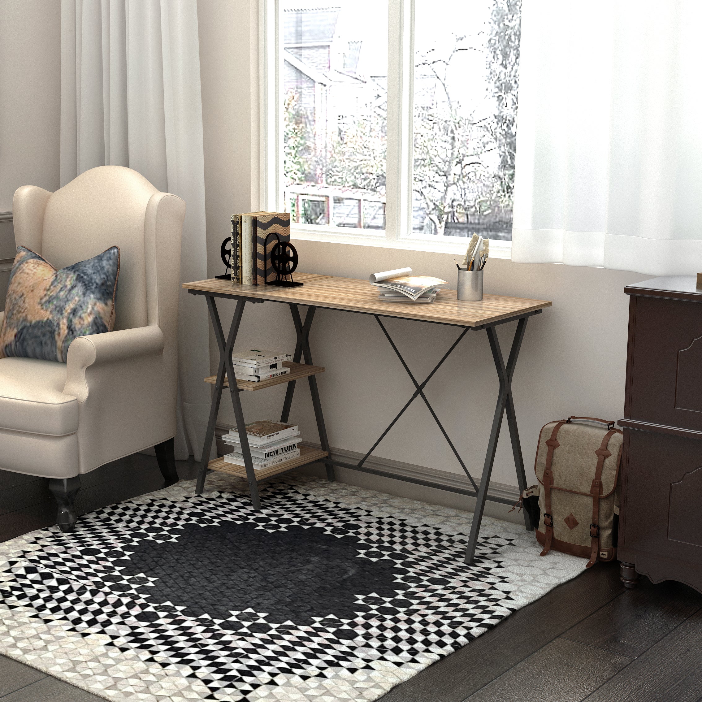 Homy Casa MADDIE Modern Writing Desk with 2-Tier Storage Shelves and Metal Frame, Open Box