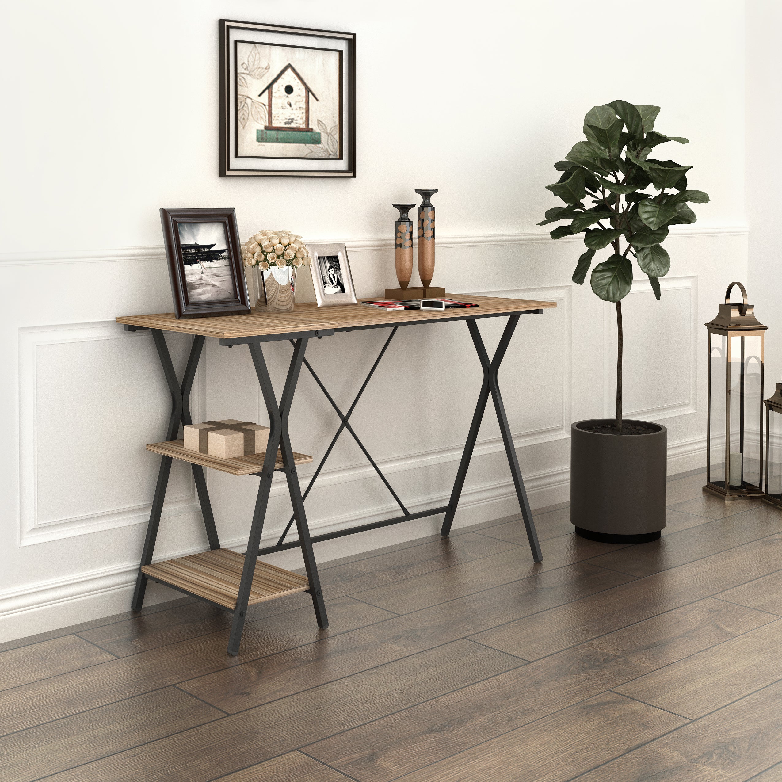 Homy Casa MADDIE Modern Writing Desk with 2-Tier Storage Shelves and Metal Frame, Open Box