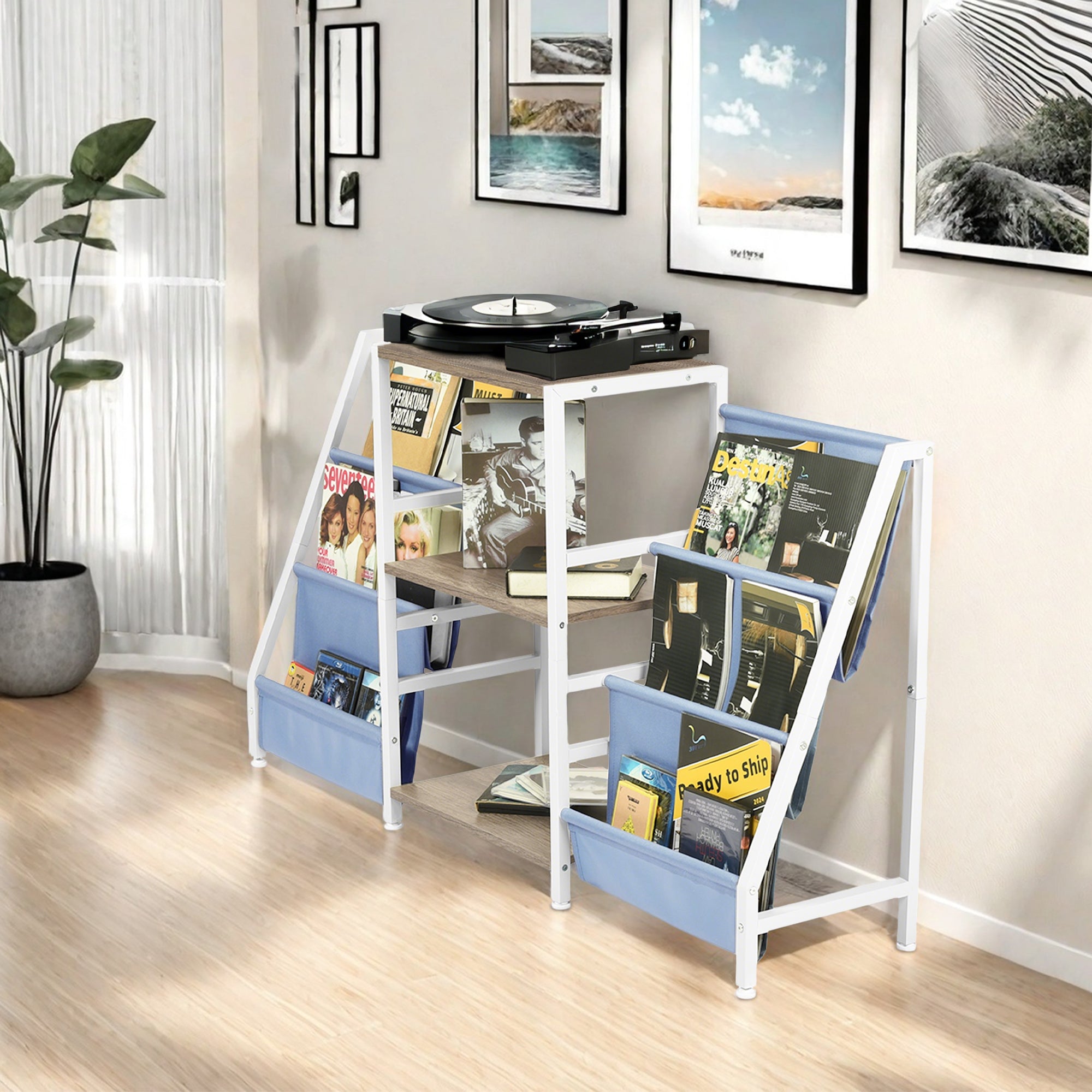 MAKA Kids Book Display and Storage Organizer, 52" Wide Sling Bookshelf with 6 Fabric Pockets and 3 Wood Shelves, White Frame, Gray Oak