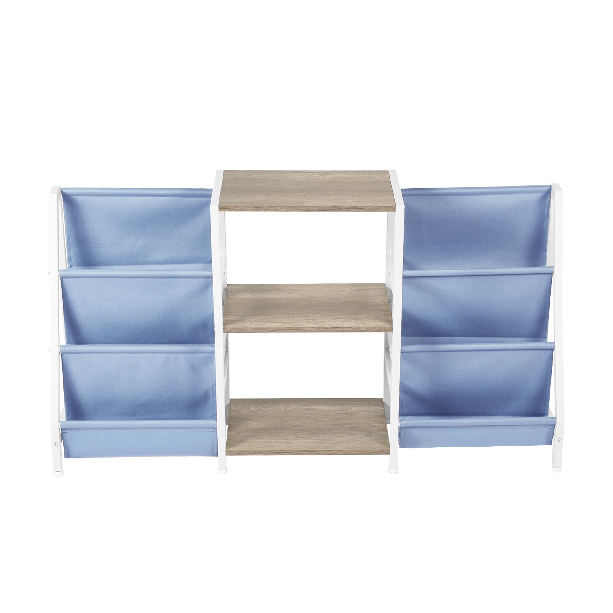 MAKA Kids Book Display and Storage Organizer, 52" Wide Sling Bookshelf with 6 Fabric Pockets and 3 Wood Shelves, White Frame, Gray Oak