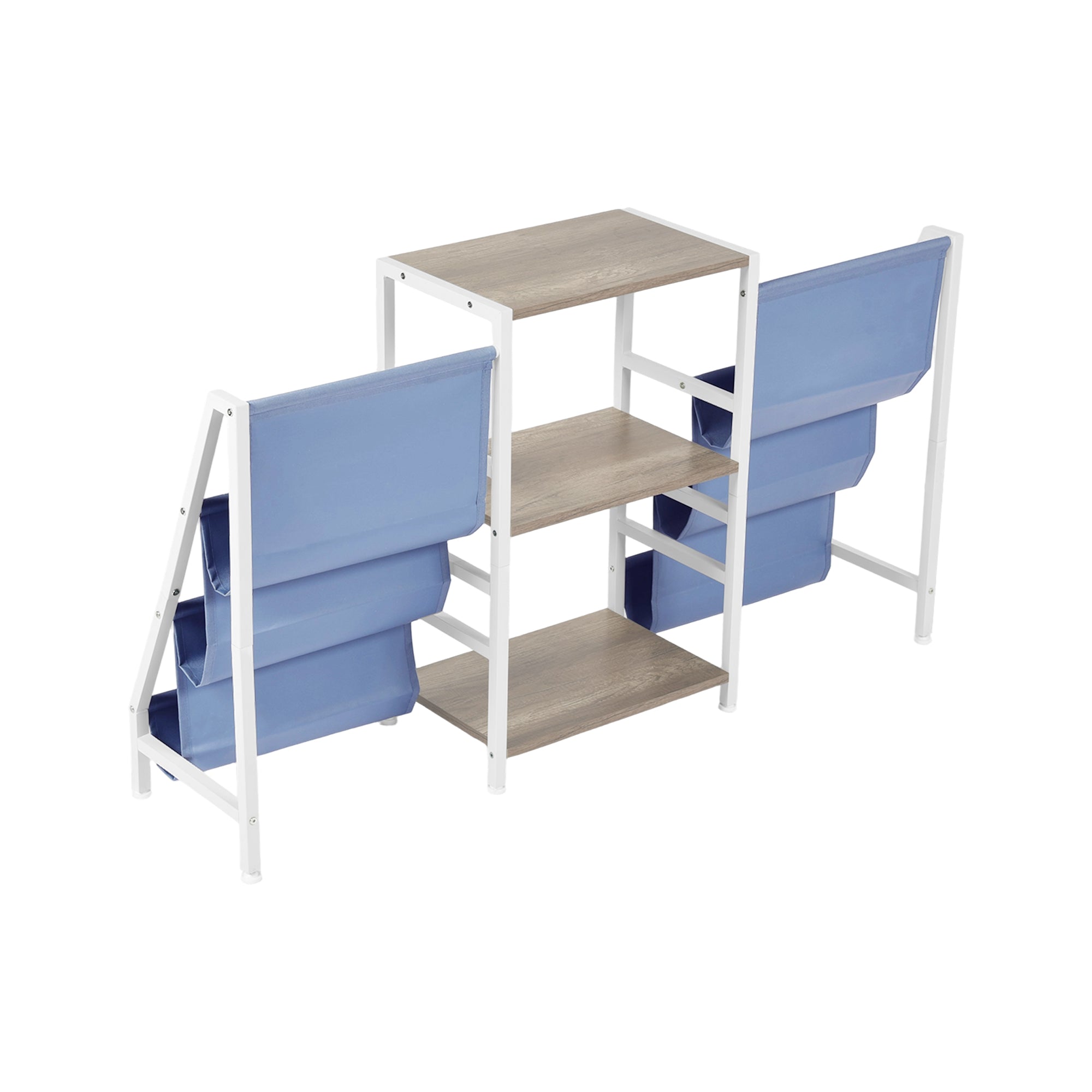 MAKA Kids Book Display and Storage Organizer, 52" Wide Sling Bookshelf with 6 Fabric Pockets and 3 Wood Shelves, White Frame, Gray Oak