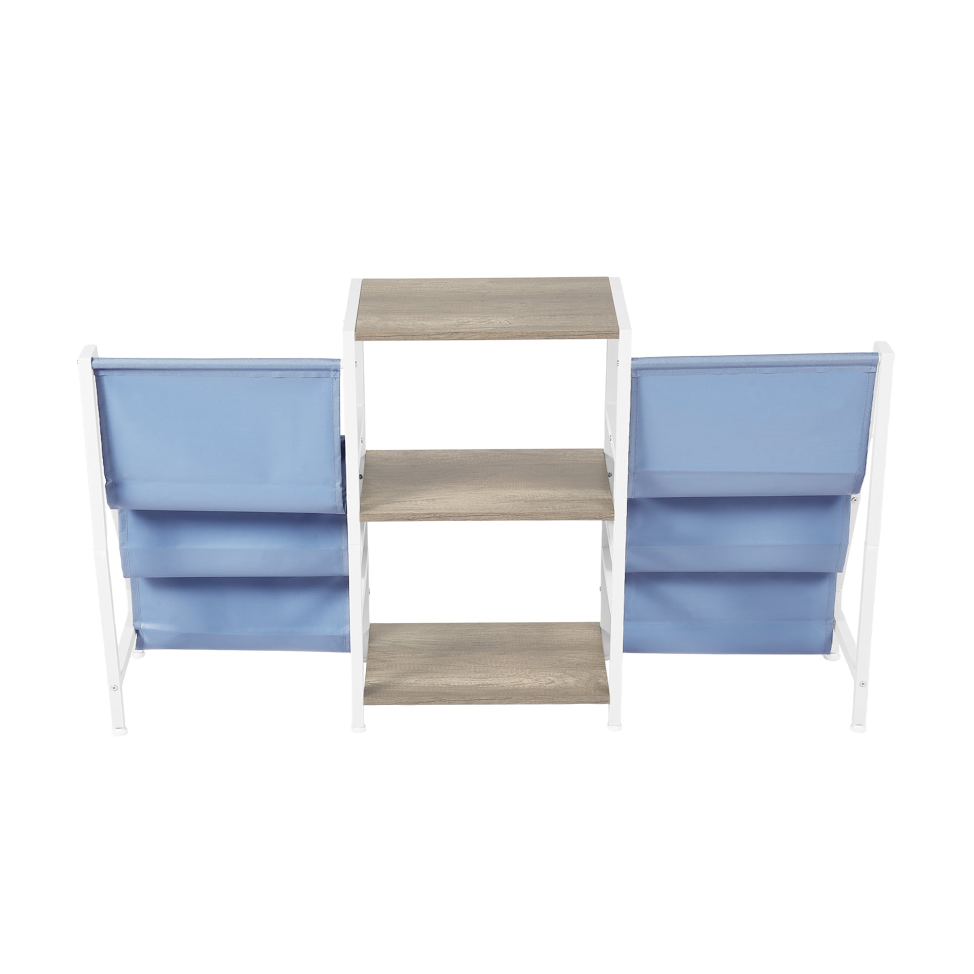 MAKA Kids Book Display and Storage Organizer, 52" Wide Sling Bookshelf with 6 Fabric Pockets and 3 Wood Shelves, White Frame, Gray Oak