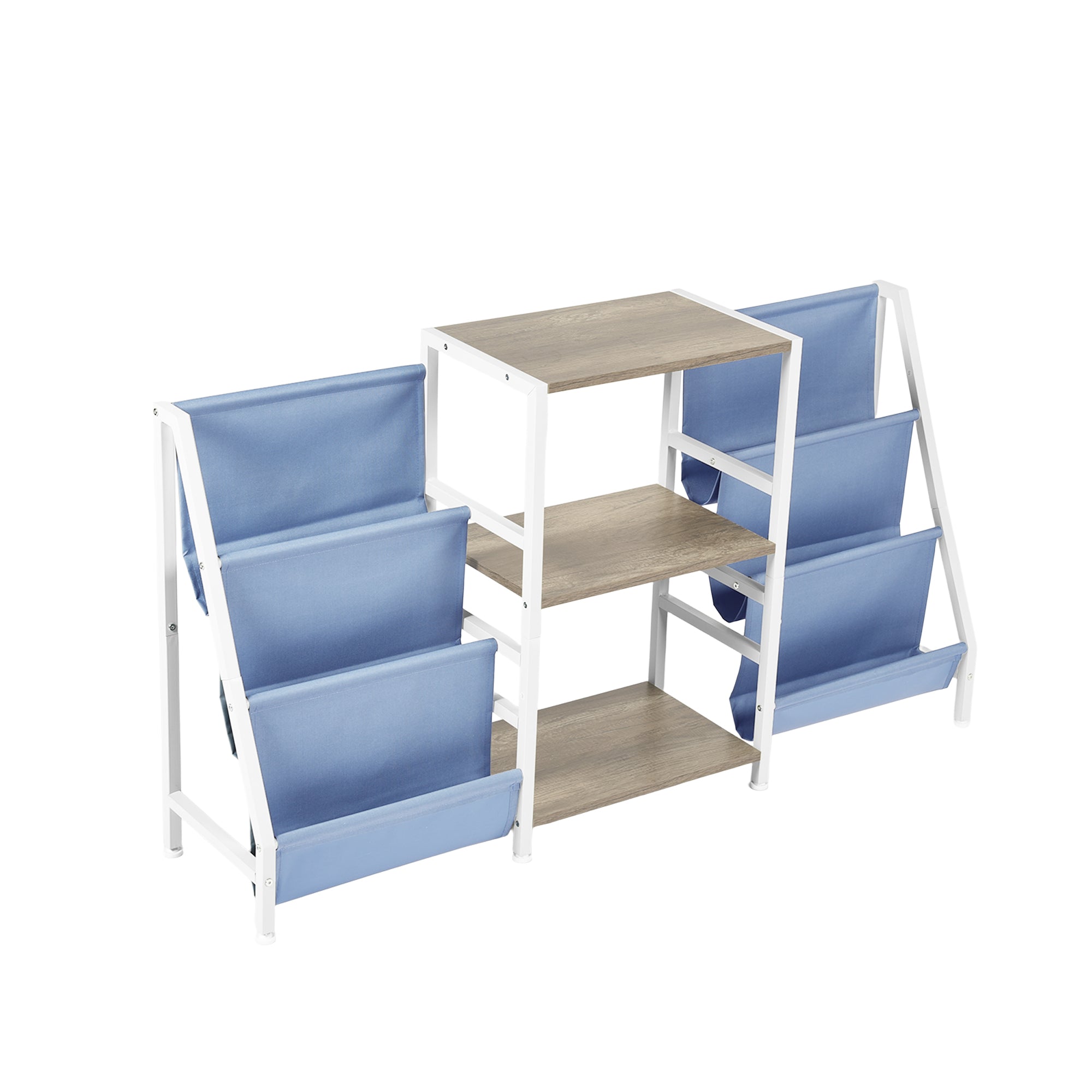 MAKA Kids Book Display and Storage Organizer, 52" Wide Sling Bookshelf with 6 Fabric Pockets and 3 Wood Shelves, White Frame, Gray Oak