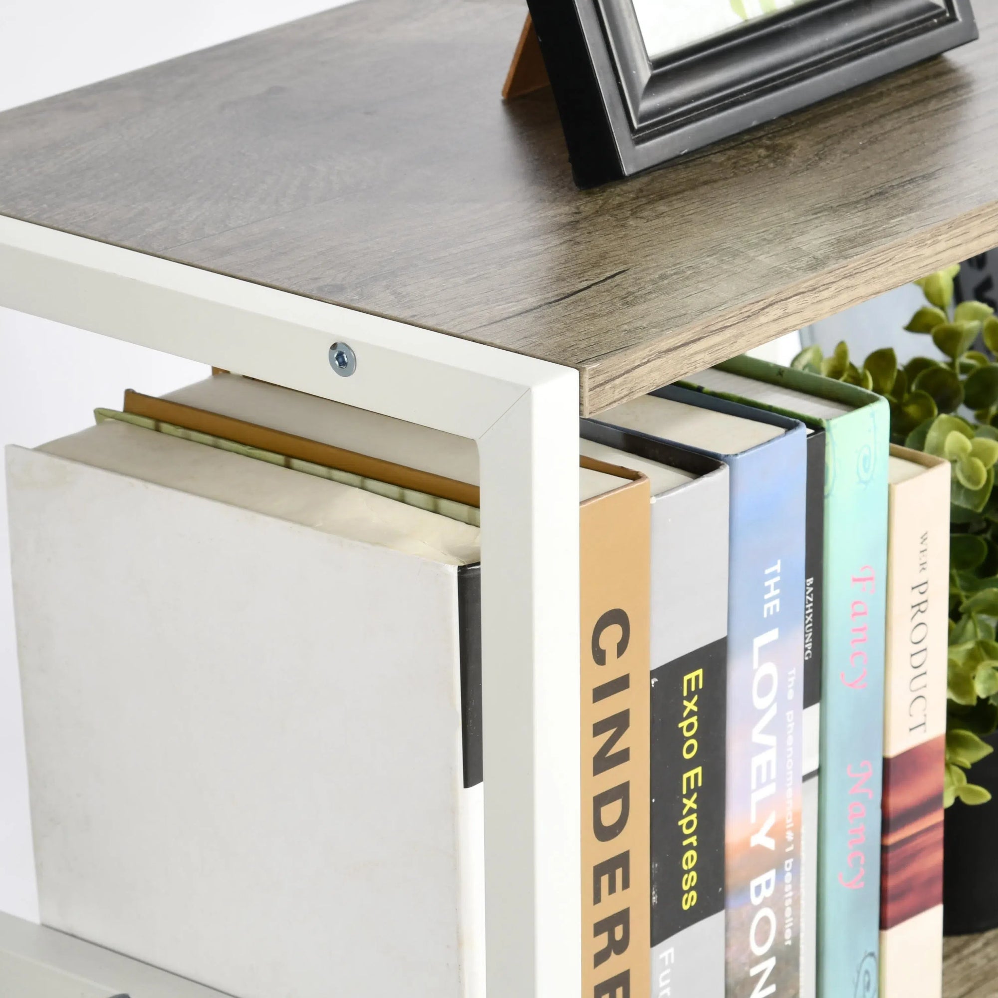 MAKA Kids Book Display and Storage Organizer, 52" Wide Sling Bookshelf with 6 Fabric Pockets and 3 Wood Shelves, White Frame, Gray Oak