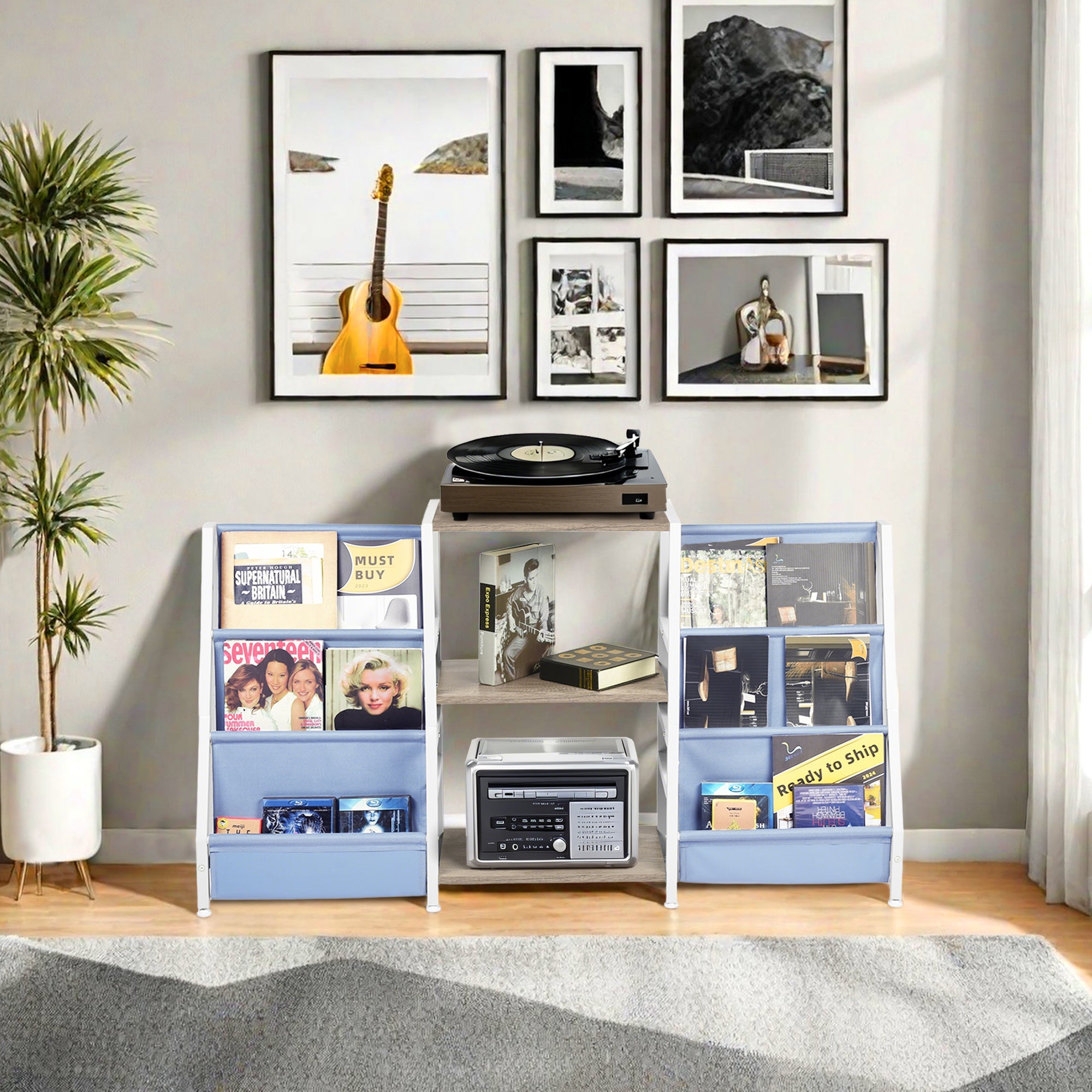 MAKA Kids Book Display and Storage Organizer, 52" Wide Sling Bookshelf with 6 Fabric Pockets and 3 Wood Shelves, White Frame, Gray Oak