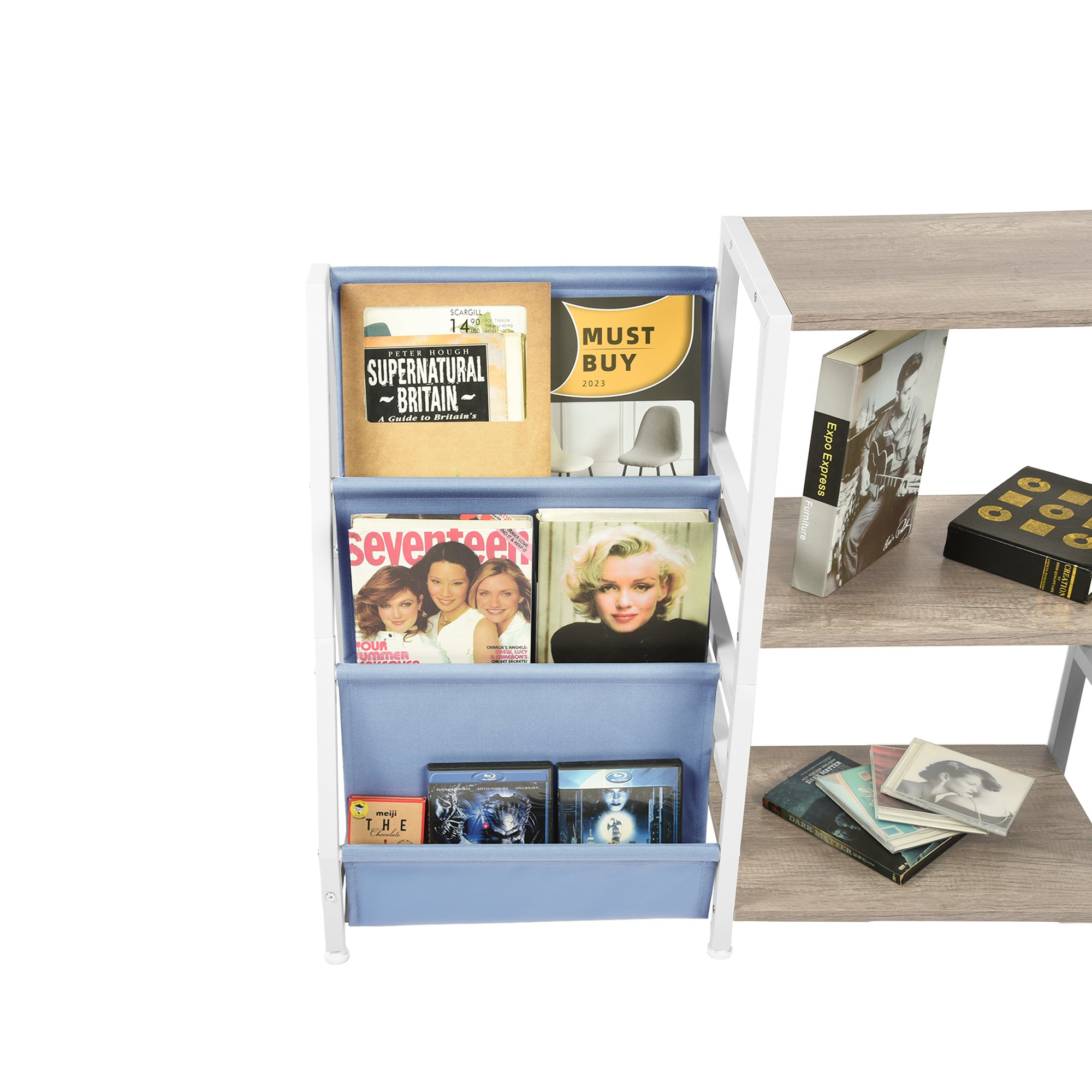 MAKA Kids Book Display and Storage Organizer, 52" Wide Sling Bookshelf with 6 Fabric Pockets and 3 Wood Shelves, White Frame, Gray Oak