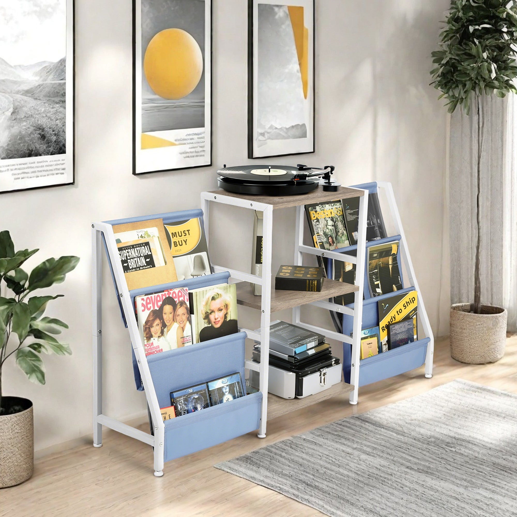 MAKA Kids Book Display and Storage Organizer, 52" Wide Sling Bookshelf with 6 Fabric Pockets and 3 Wood Shelves, White Frame, Gray Oak