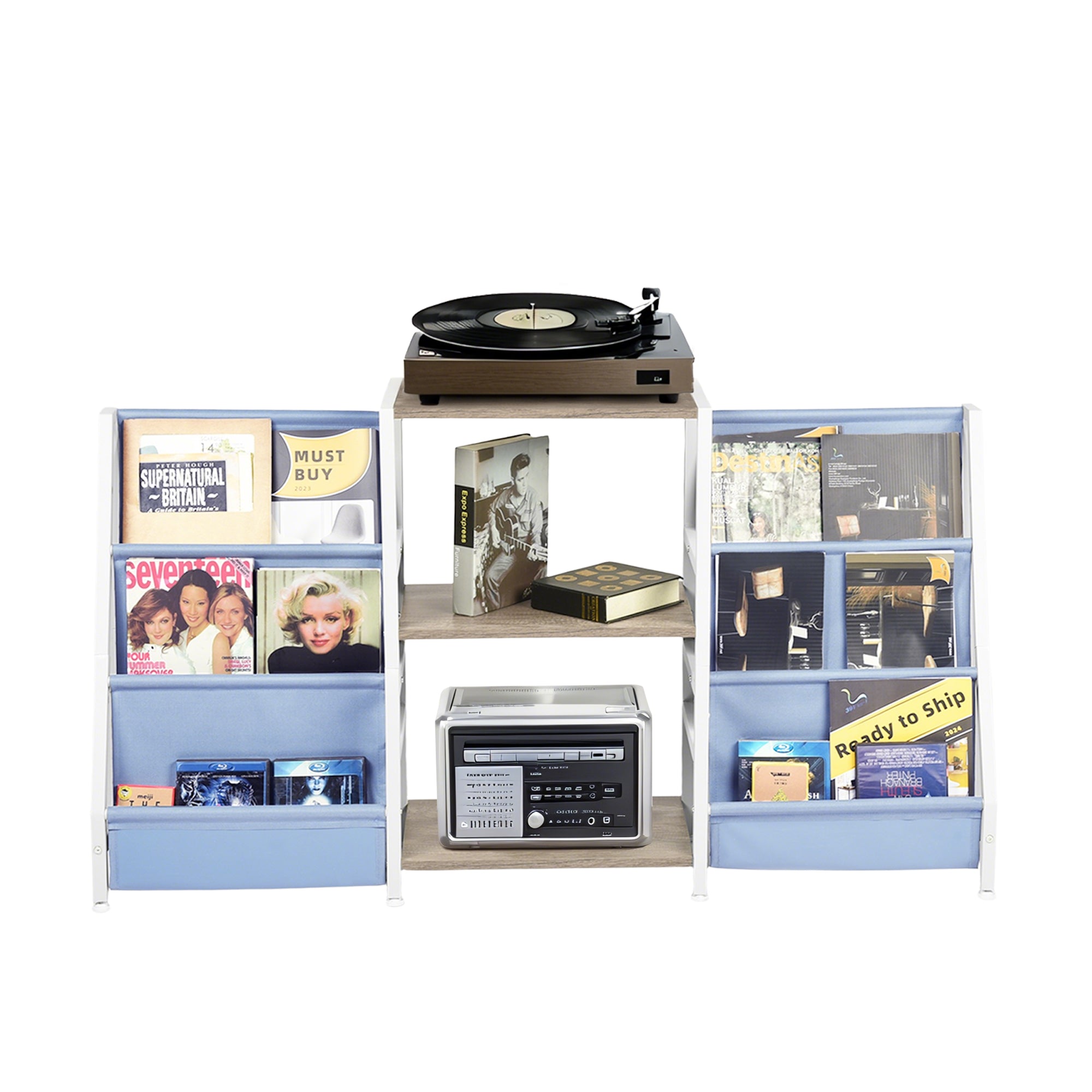 MAKA Kids Book Display and Storage Organizer, 52" Wide Sling Bookshelf with 6 Fabric Pockets and 3 Wood Shelves, White Frame, Gray Oak
