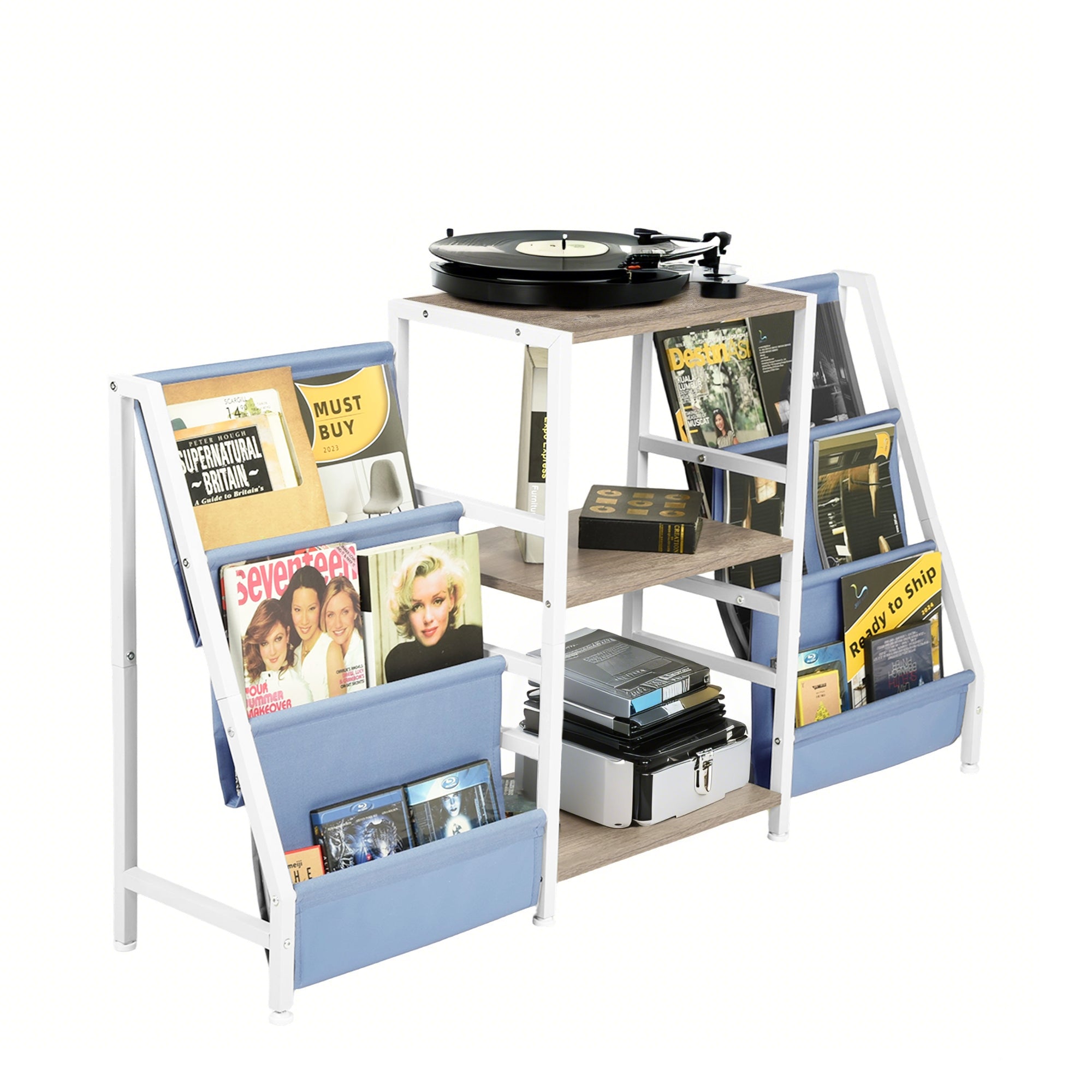 MAKA Kids Book Display and Storage Organizer, 52" Wide Sling Bookshelf with 6 Fabric Pockets and 3 Wood Shelves, White Frame, Gray Oak