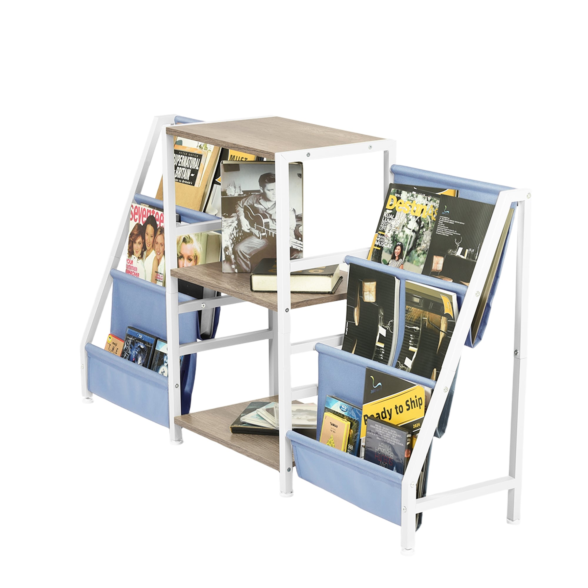 MAKA Kids Book Display and Storage Organizer, 52" Wide Sling Bookshelf with 6 Fabric Pockets and 3 Wood Shelves, White Frame, Gray Oak