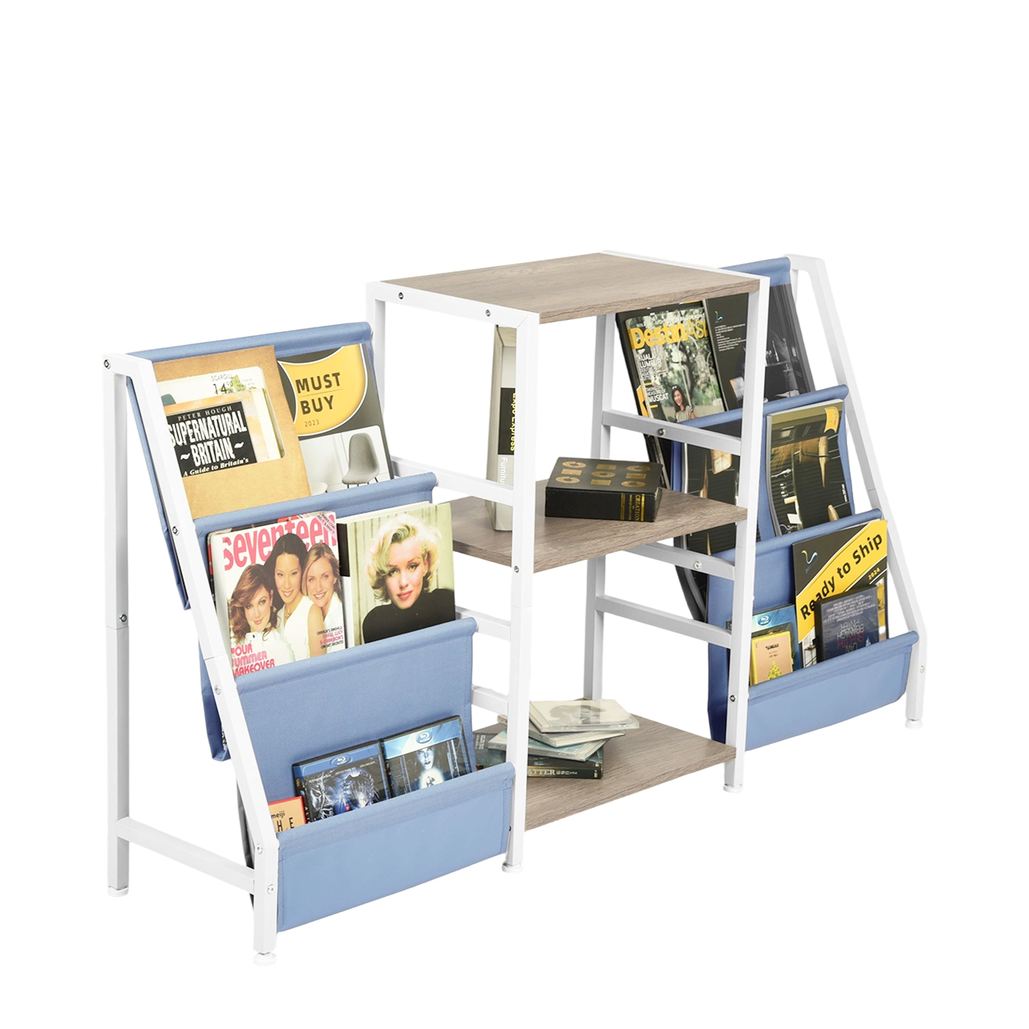 MAKA Kids Book Display and Storage Organizer, 52" Wide Sling Bookshelf with 6 Fabric Pockets and 3 Wood Shelves, White Frame, Gray Oak