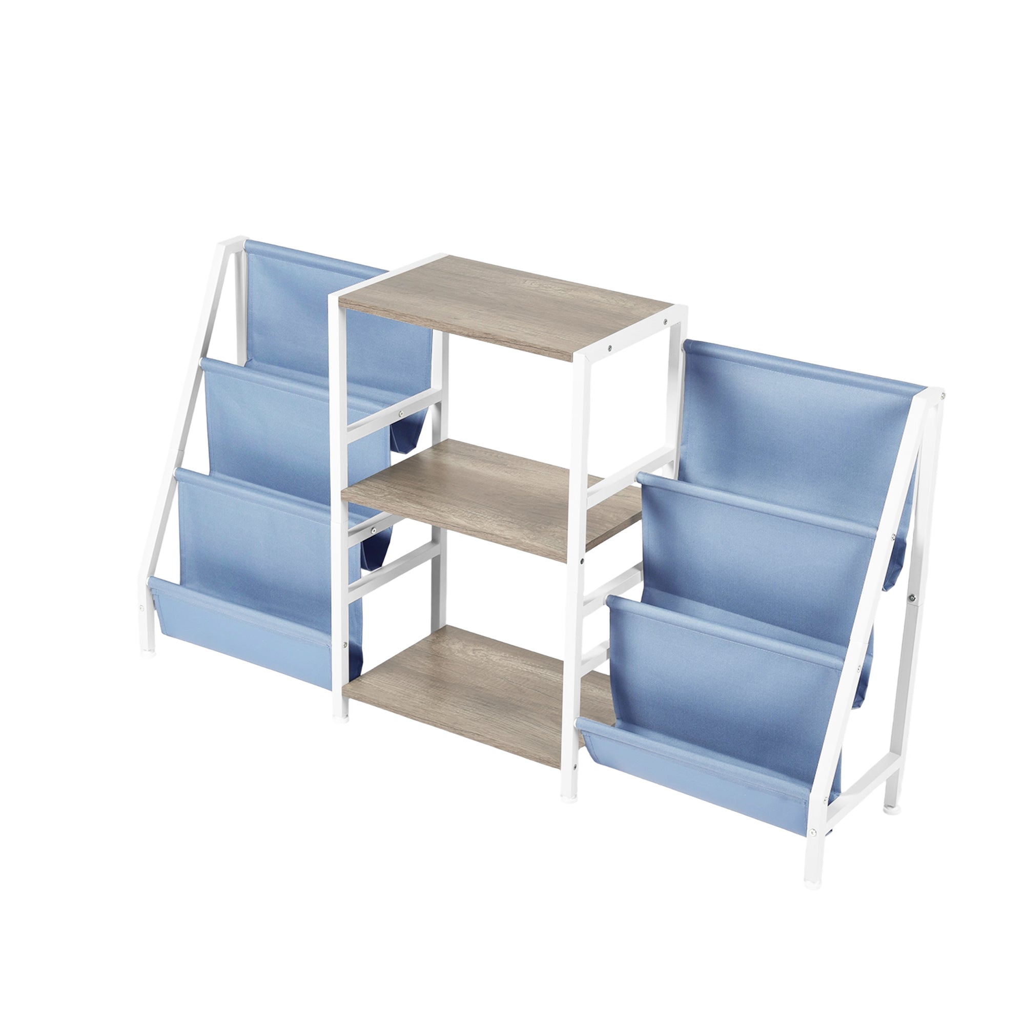 MAKA Kids Book Display and Storage Organizer, 52" Wide Sling Bookshelf with 6 Fabric Pockets and 3 Wood Shelves, White Frame, Gray Oak