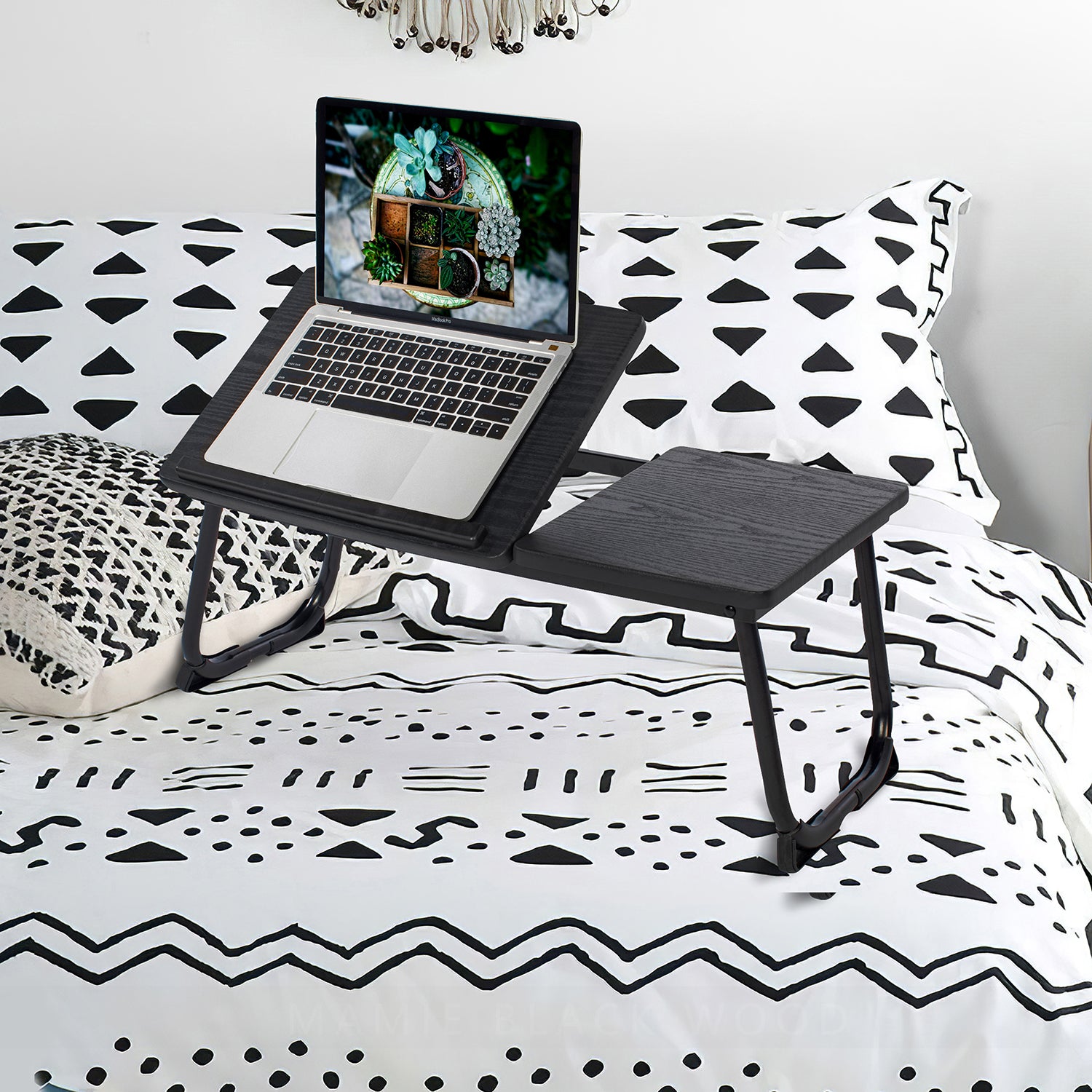 Homy Casa MAMIE 26" Folding Laptop Table Black Frame with Black Walnut Wood Top Adjustable Bed Desk