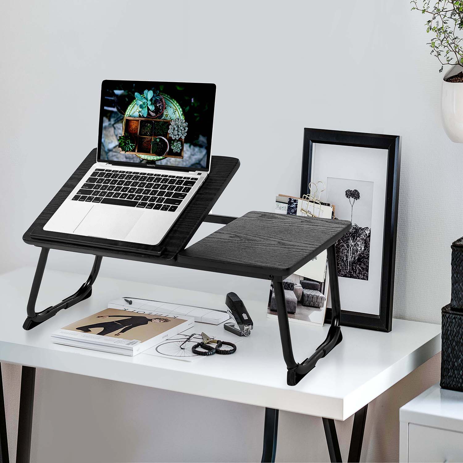 Homy Casa MAMIE 26" Folding Laptop Table Black Frame with Black Walnut Wood Top Adjustable Bed Desk