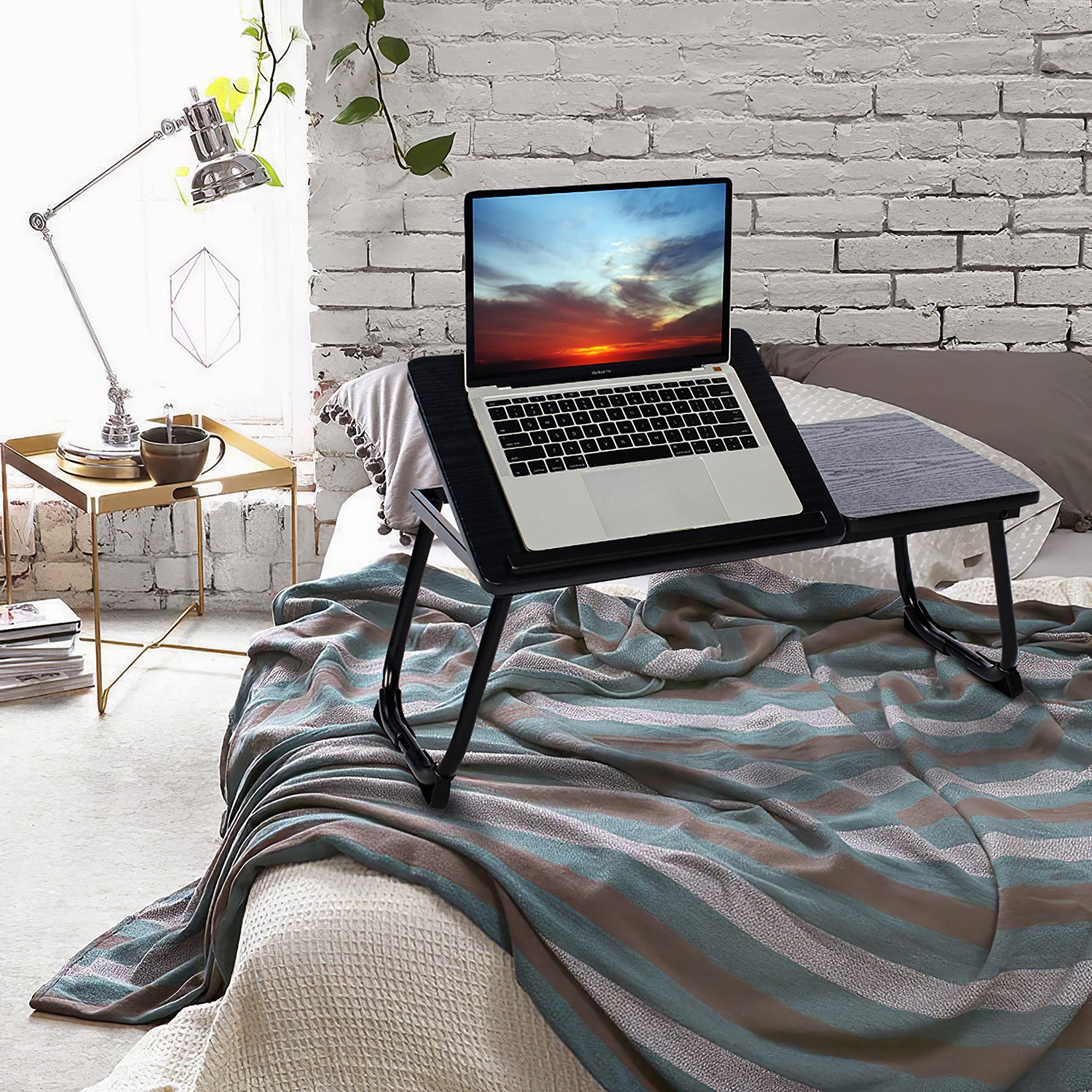 Homy Casa MAMIE 26" Folding Laptop Table Black Frame with Black Walnut Wood Top Adjustable Bed Desk