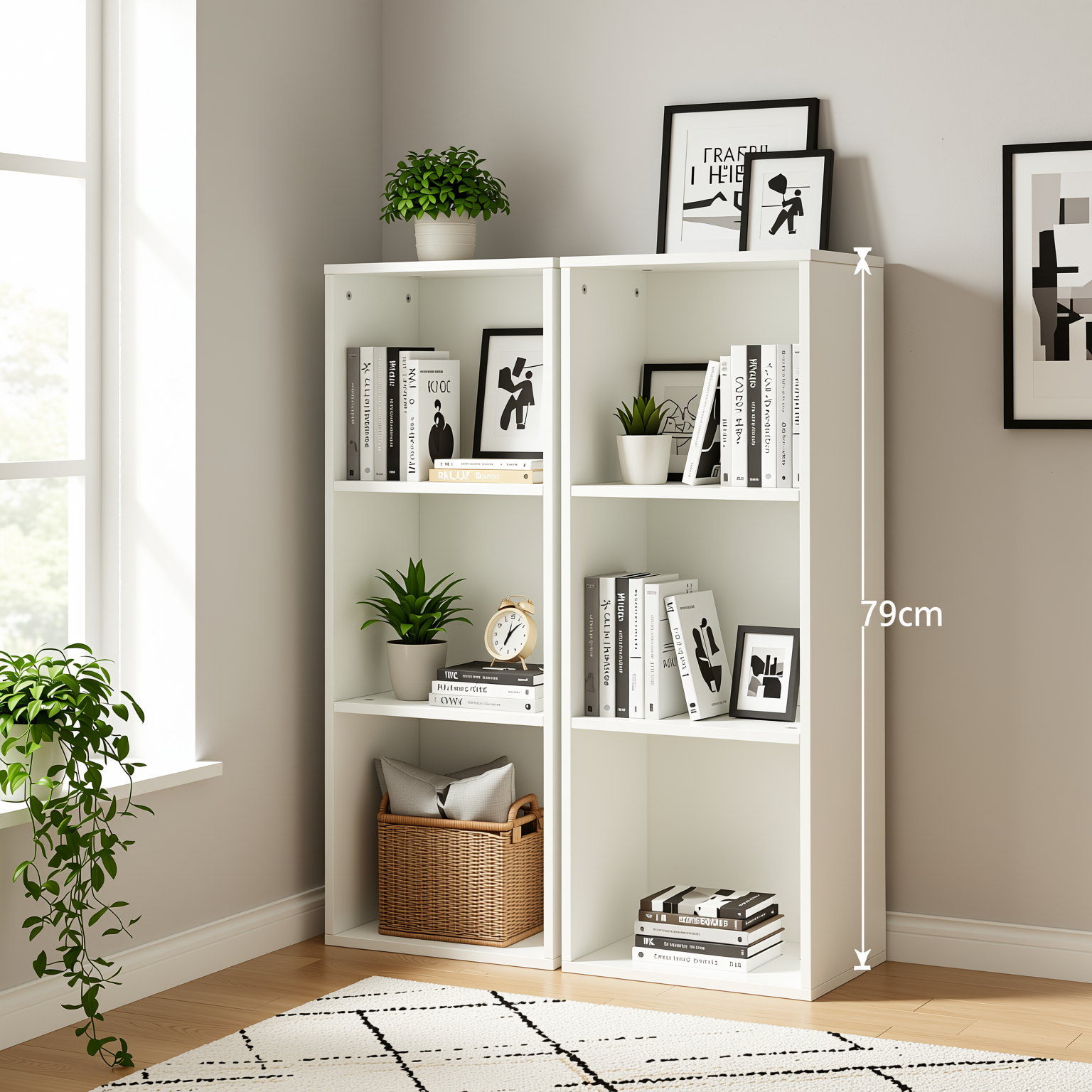 MANDI III 2-Piece 3-Tier White Bookcase Set with Vertical Storage