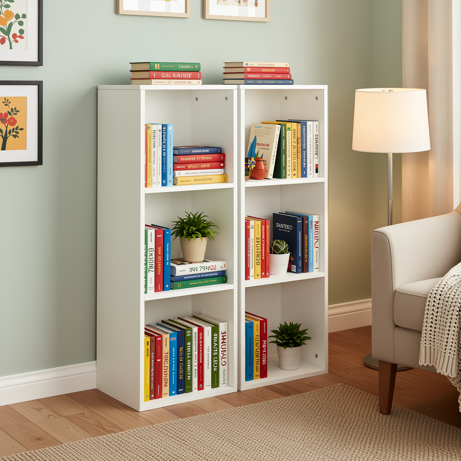 MANDI III 2-Piece 3-Tier White Bookcase Set with Vertical Storage
