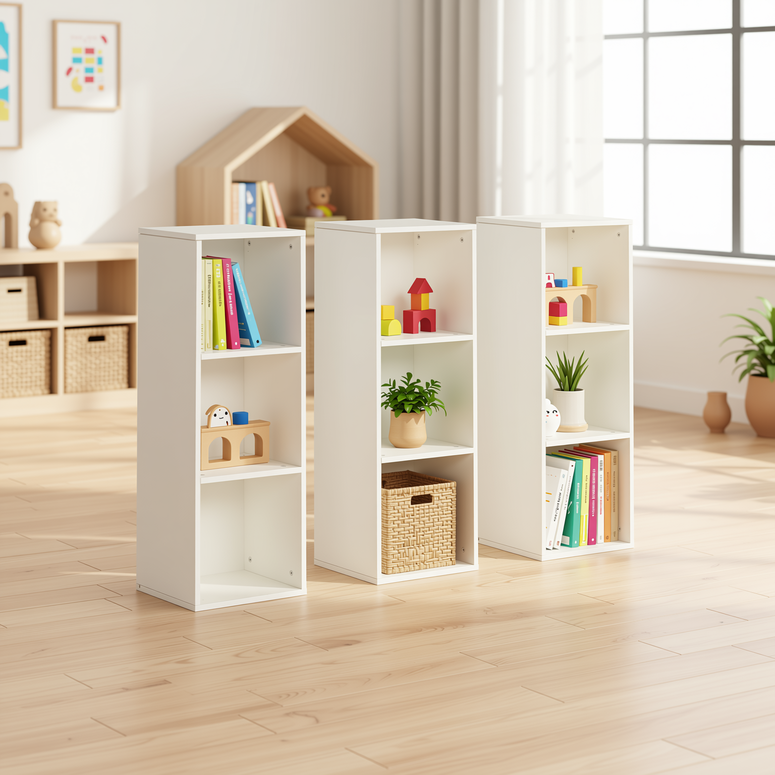 MANDI III 3-Piece White Modular 3-Tier Bookcase Set with Stackable Storage
